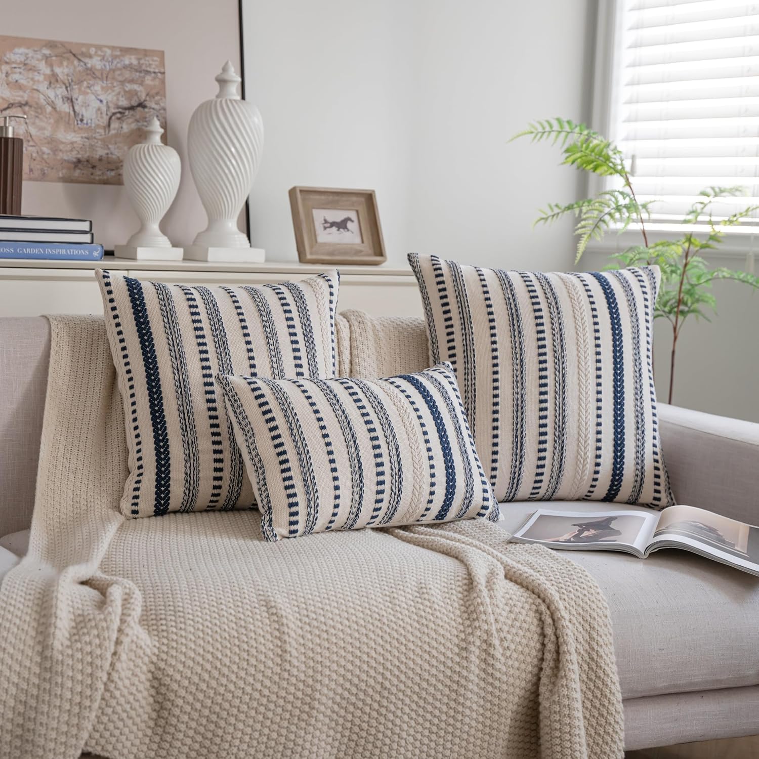 Cethom Navy Blue Boho Throw Pillow Covers 20x20 Inch Set of 2, Stripe Textured Decorative Couch Pillow Cases for Bed, Sofa, Living Room, Bedroom, Farmhouse Home Accent Cushion Covers