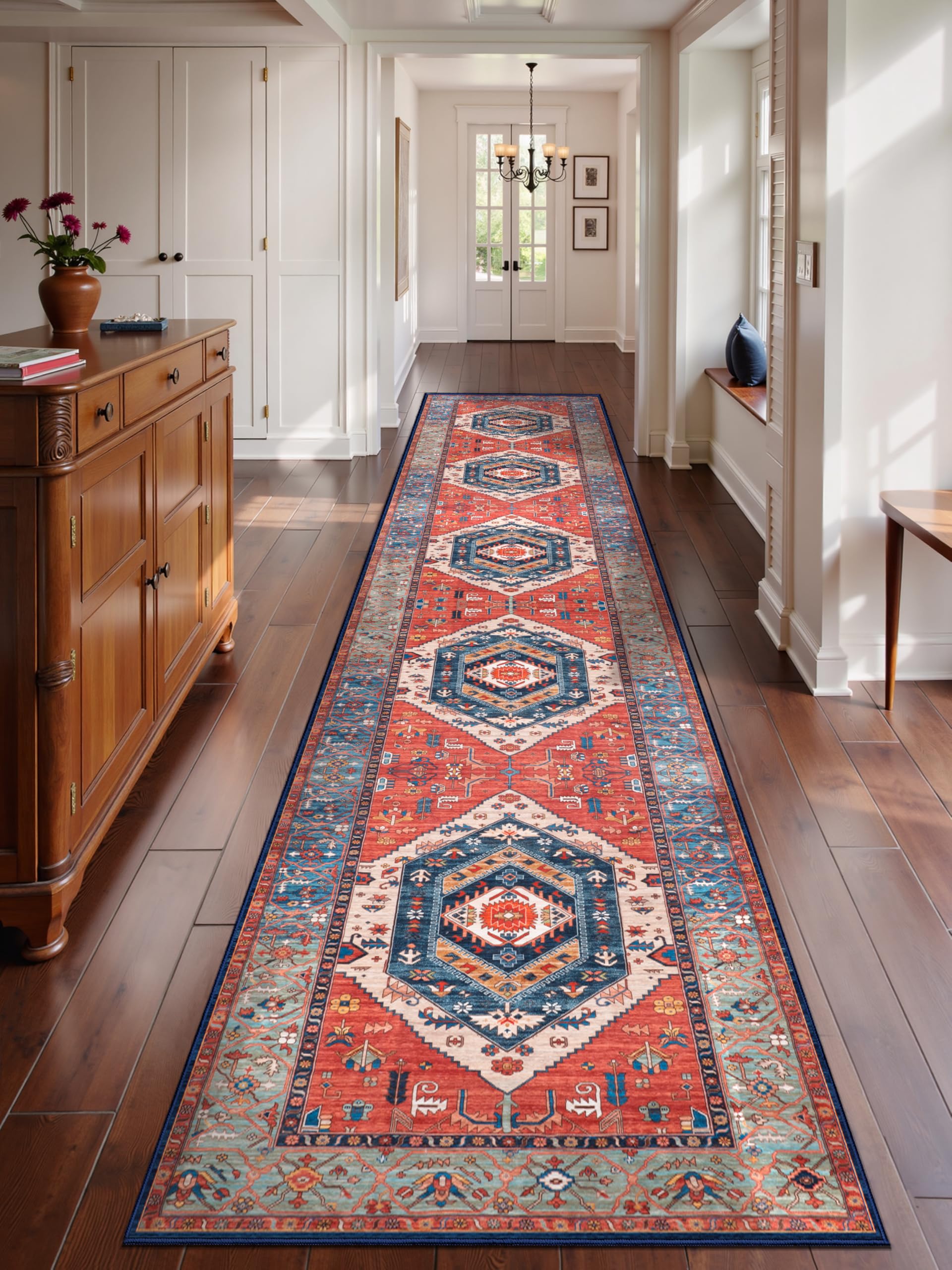SERISSA Washable Rugs 8x10 Area Rugs, Large Non-Slip Boho Living Room Rust Rug, Ultra Soft Vintage Print Distressed Oriental Tribal Farmhouse Carpet for Dining Room Bedroom Dorm Office Home Decor