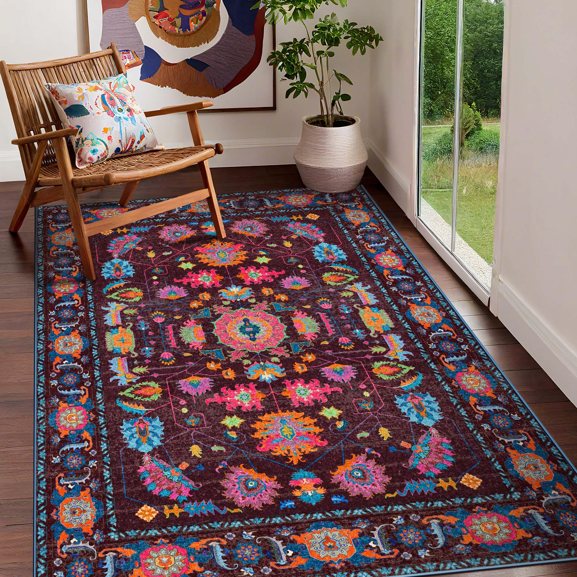 8x10 Area Rugs Living Room Washable Non Slip Low Pile Oushak Vintage Stain Resistant Soft Large Oriental Rugs for Bedroom, Dining Room, Kitchen, Indoor Leisure Rooms, Nova Burgundy Fuchsia Orange Soda