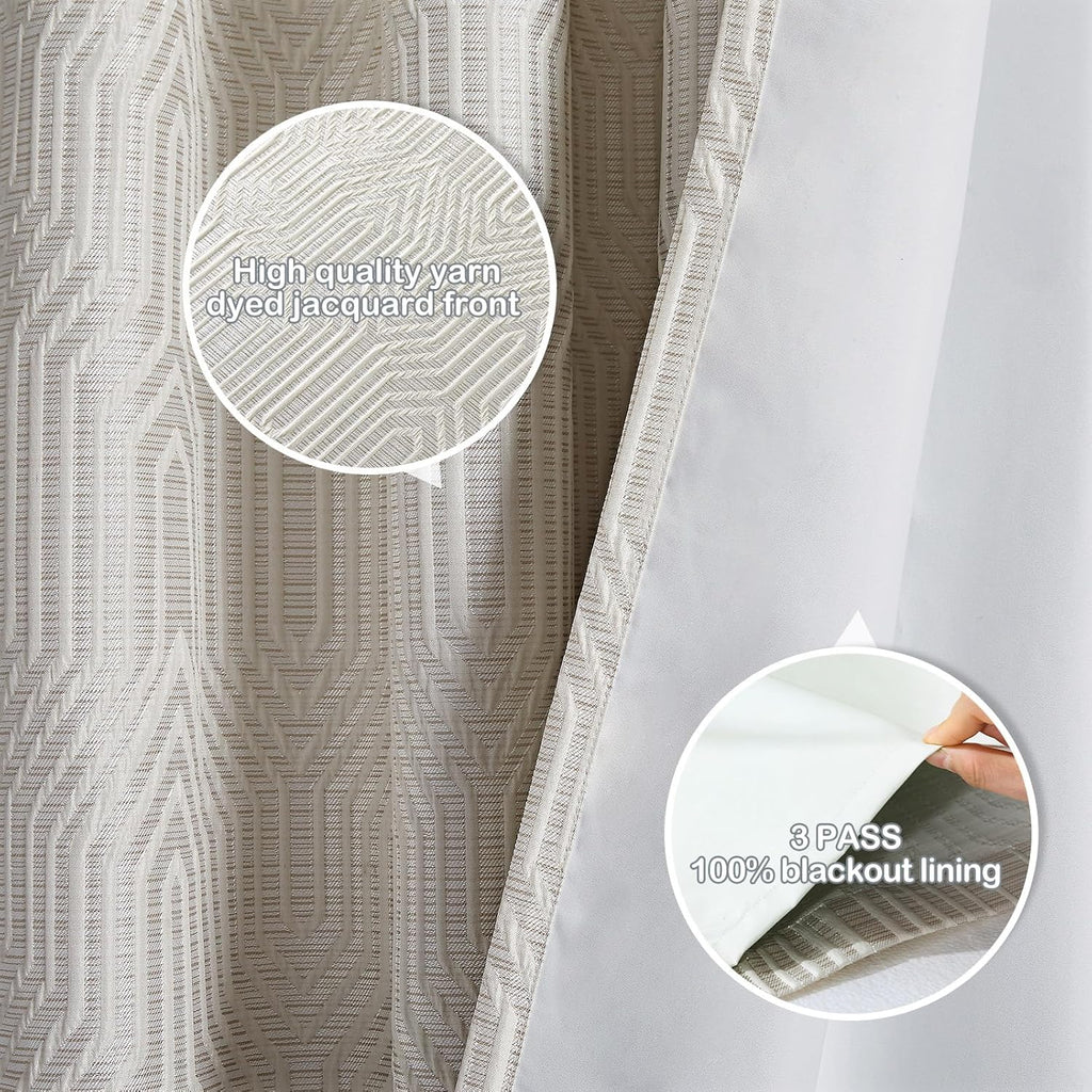 Beige and Silvery 100% Blackout Jacquard Geometric Pattern Curtains,52 Inch Wide 84 Inches Long 2 Panels, Thermal Insulated Noise Reducing Anti-Rust Grommet Drapes for Bedroom Living Room, Cream