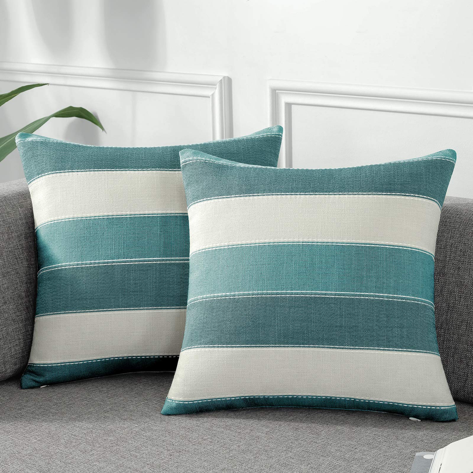 AmHoo Pack of 2 Farmhouse Stripe Check Throw Pillow Covers Set Case Cotton Linen Decorative Pillowcases Cushion Cover for Couch Bench Sofa 18x18 Inch Sage Green