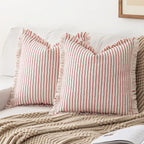 YEENAASY Throw Pillow Covers 18x18 Set of 2 Striped Fringe Pillow Cover Farmhouse Cushion Covers with Tassel Neutral Boho Pillows Decorative Square Pillowcase for Couch Sofa Bed, Khaki