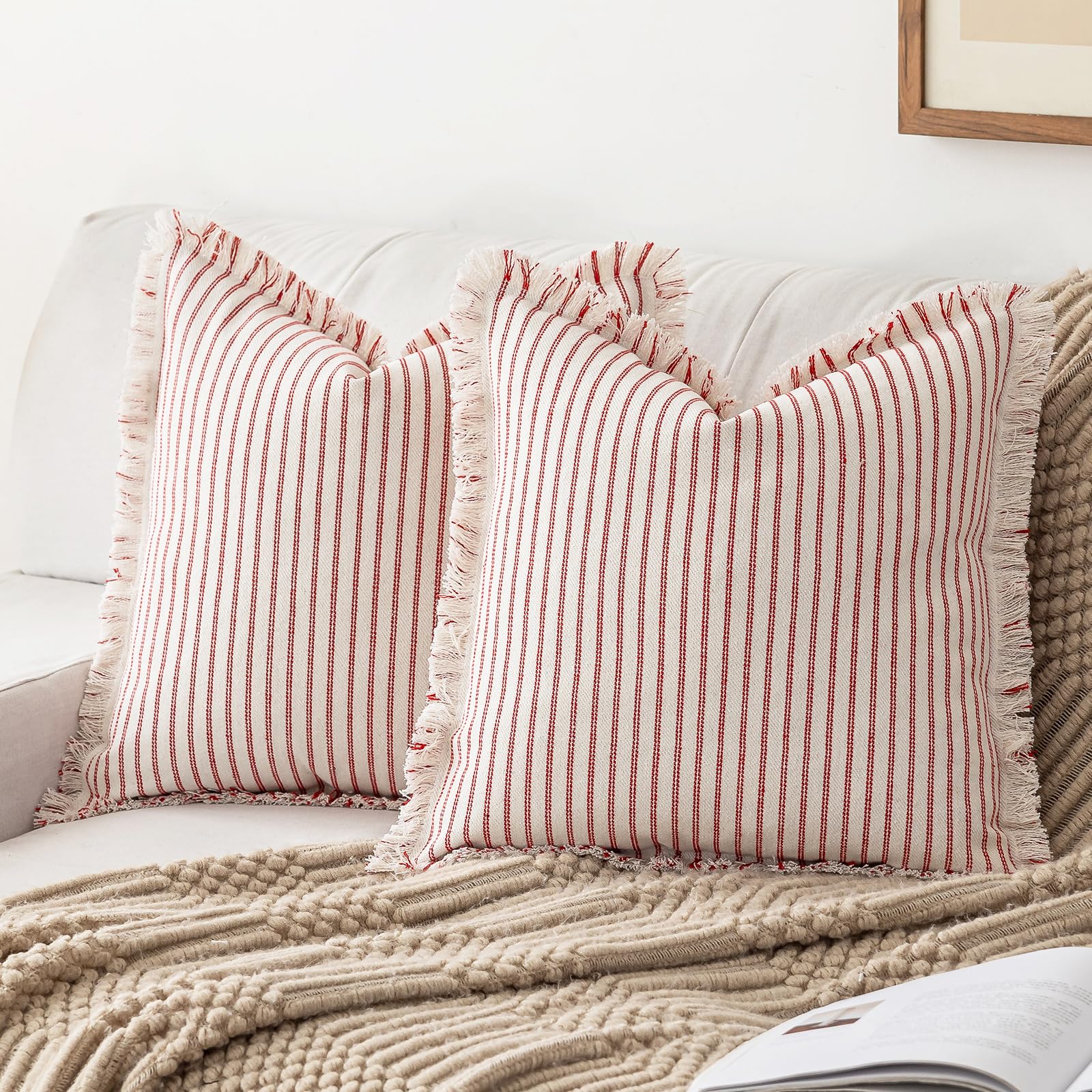 YEENAASY Throw Pillow Covers 18x18 Set of 2 Striped Fringe Pillow Cover Farmhouse Cushion Covers with Tassel Neutral Boho Pillows Decorative Square Pillowcase for Couch Sofa Bed, Khaki