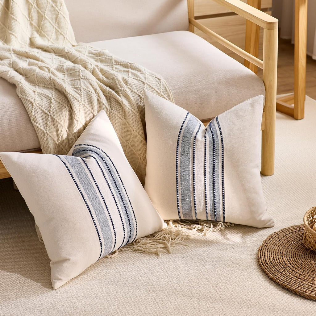 Striped Linen Textured Throw Pillow Covers 18x18 Inch Set of 2,Boho Decorative Cushion Covers, Neutral Navy Blue Accent Pillowcases for Couch, Sofa, Bed Farmhouse & Modern Living Room Decor