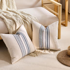 Striped Linen Textured Throw Pillow Covers 18x18 Inch Set of 2,Boho Decorative Cushion Covers, Neutral Navy Blue Accent Pillowcases for Couch, Sofa, Bed Farmhouse & Modern Living Room Decor