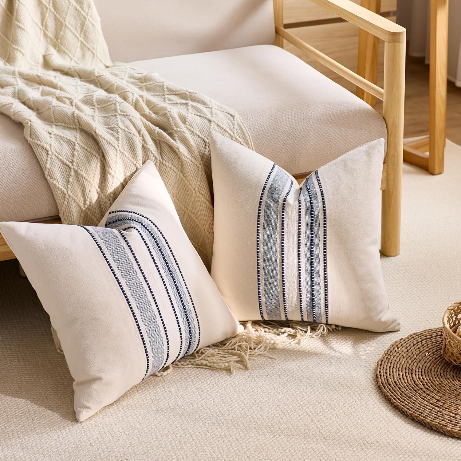 Striped Linen Textured Throw Pillow Covers 18x18 Inch Set of 2,Boho Decorative Cushion Covers, Neutral Navy Blue Accent Pillowcases for Couch, Sofa, Bed Farmhouse & Modern Living Room Decor