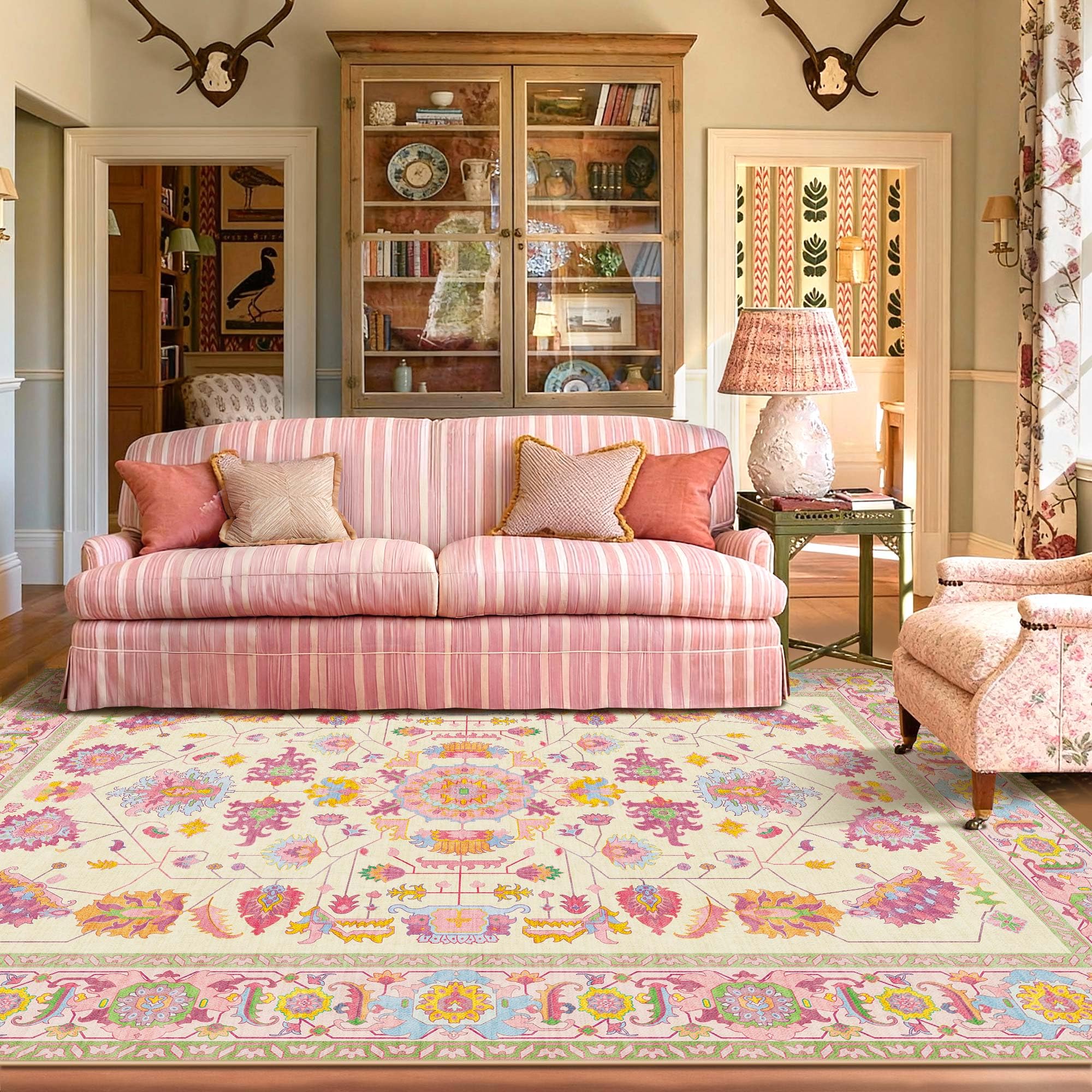 8x10 Area Rugs Living Room Washable Non Slip Low Pile Oushak Vintage Stain Resistant Soft Large Oriental Rugs for Bedroom, Dining Room, Kitchen, Indoor Leisure Rooms, Nova Burgundy Fuchsia Orange Soda