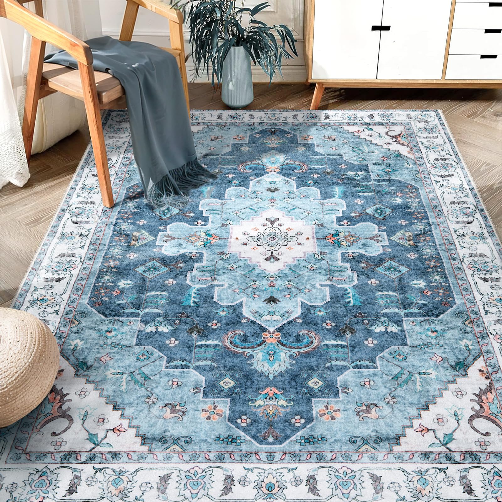 SERISSA Washable Rugs 8x10 Area Rugs, Large Non-Slip Boho Living Room Rust Rug, Ultra Soft Vintage Print Distressed Oriental Tribal Farmhouse Carpet for Dining Room Bedroom Dorm Office Home Decor