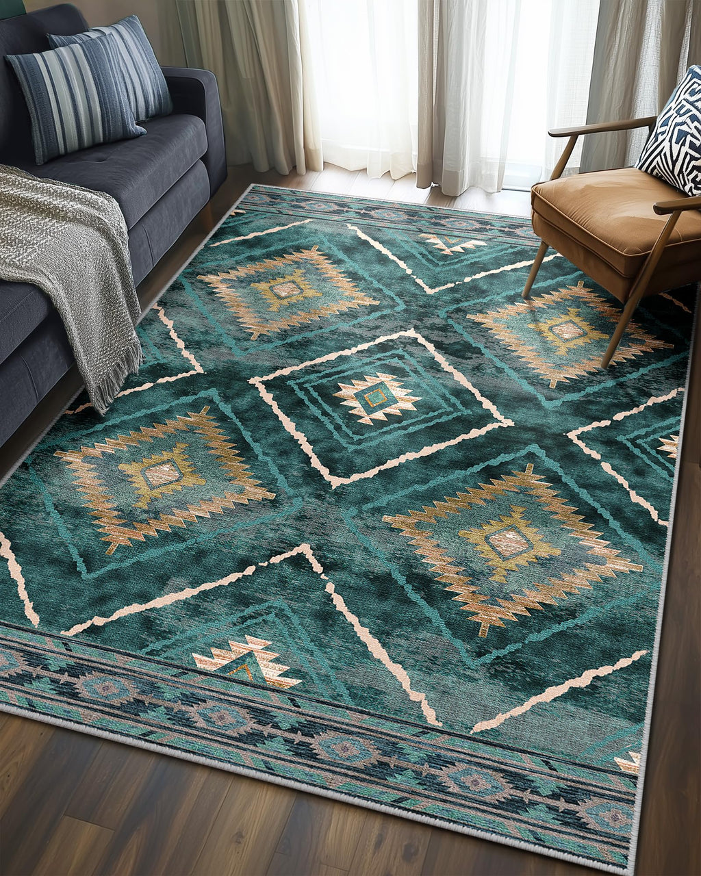 BESTSWEETIE Area Rug 5x7 Rug Machine Washable Non-Slip Low Pile Print Pattern Western Rug for Living Room Bedroom Entryway Tribal Series -Black