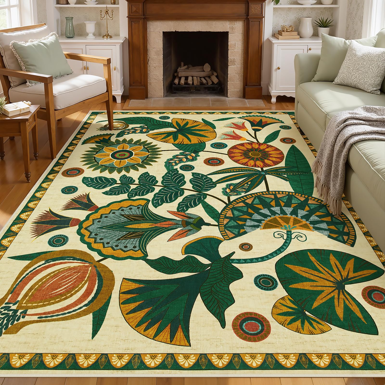 Joydeco Egypt Floral Boho 8x10 Area Rugs for Bedroom Aesthetic, Washable Vintage Living Dining Room Rug Non Slip, Beige Large Indoor Throw Carpet for Playroom Nursery Dorm Classroom