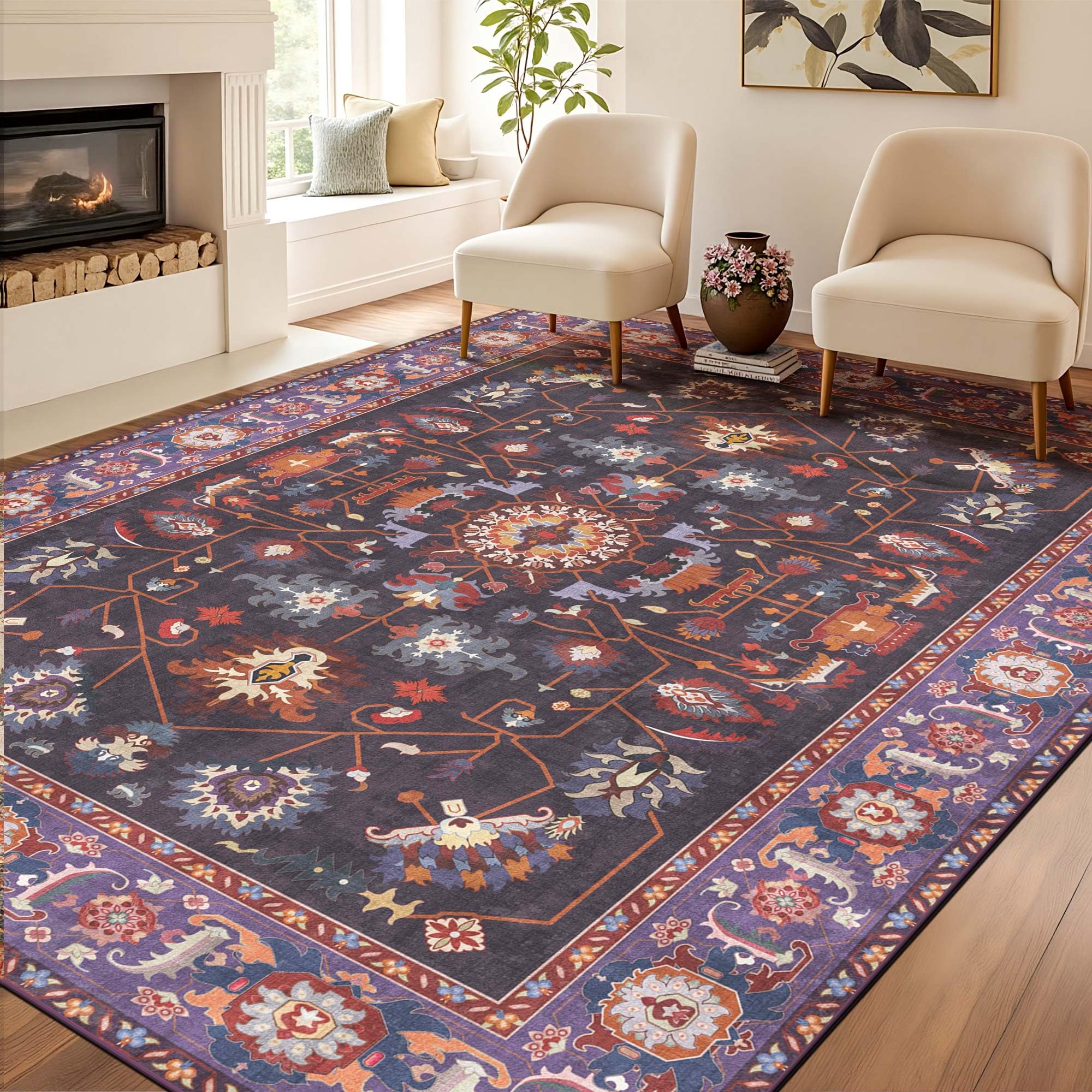 8x10 Area Rugs Living Room Washable Non Slip Low Pile Oushak Vintage Stain Resistant Soft Large Oriental Rugs for Bedroom, Dining Room, Kitchen, Indoor Leisure Rooms, Nova Burgundy Fuchsia Orange Soda