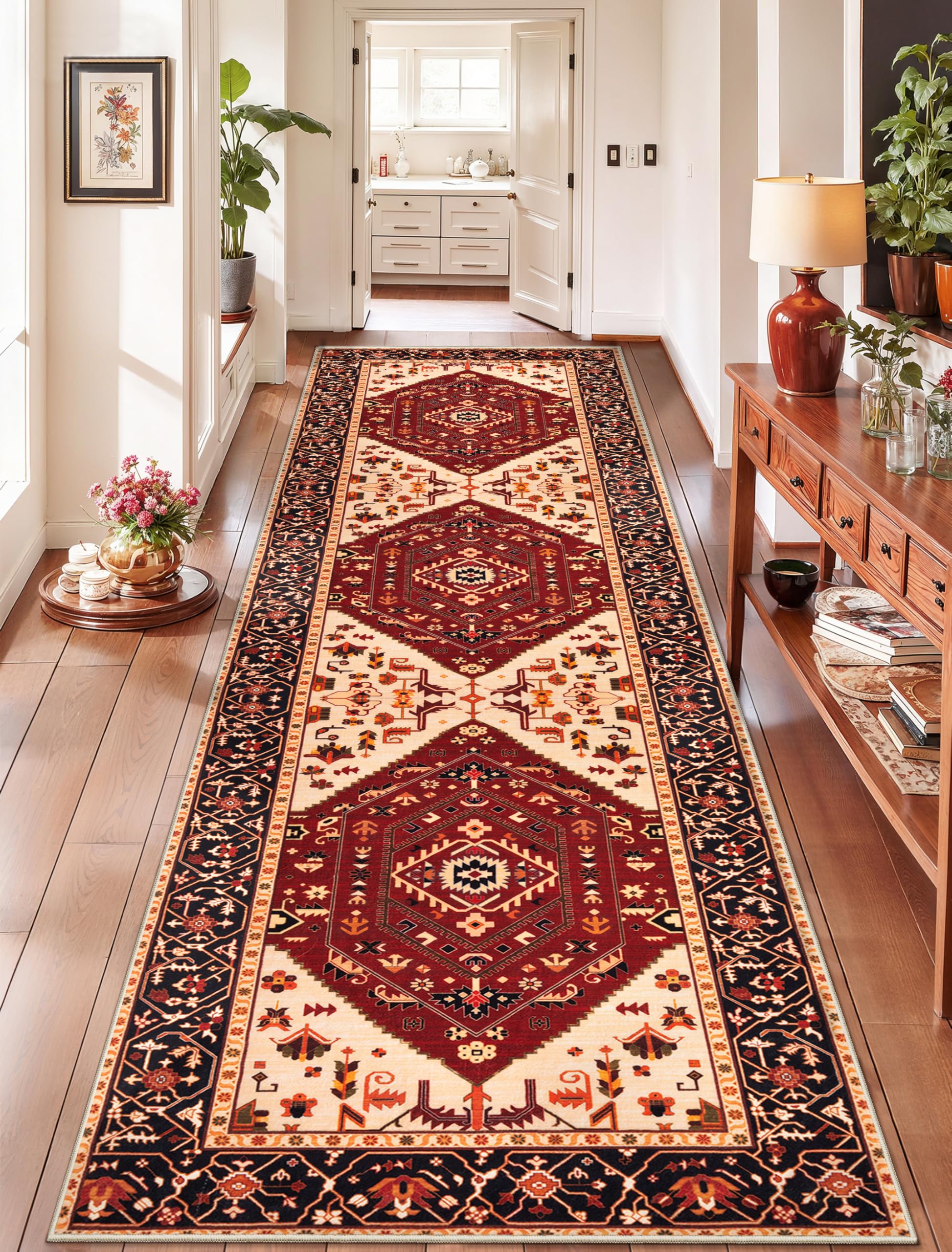 SERISSA Washable Rugs 8x10 Area Rugs, Large Non-Slip Boho Living Room Rust Rug, Ultra Soft Vintage Print Distressed Oriental Tribal Farmhouse Carpet for Dining Room Bedroom Dorm Office Home Decor