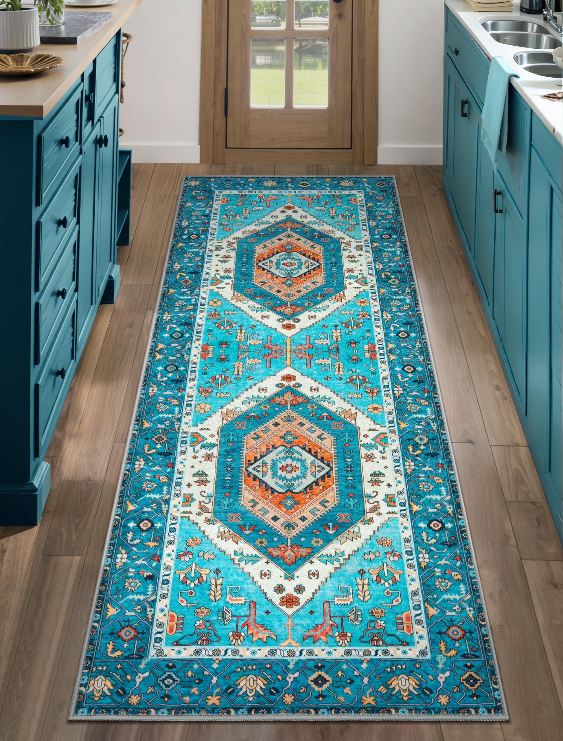 SERISSA Washable Rugs 8x10 Area Rugs, Large Non-Slip Boho Living Room Rust Rug, Ultra Soft Vintage Print Distressed Oriental Tribal Farmhouse Carpet for Dining Room Bedroom Dorm Office Home Decor