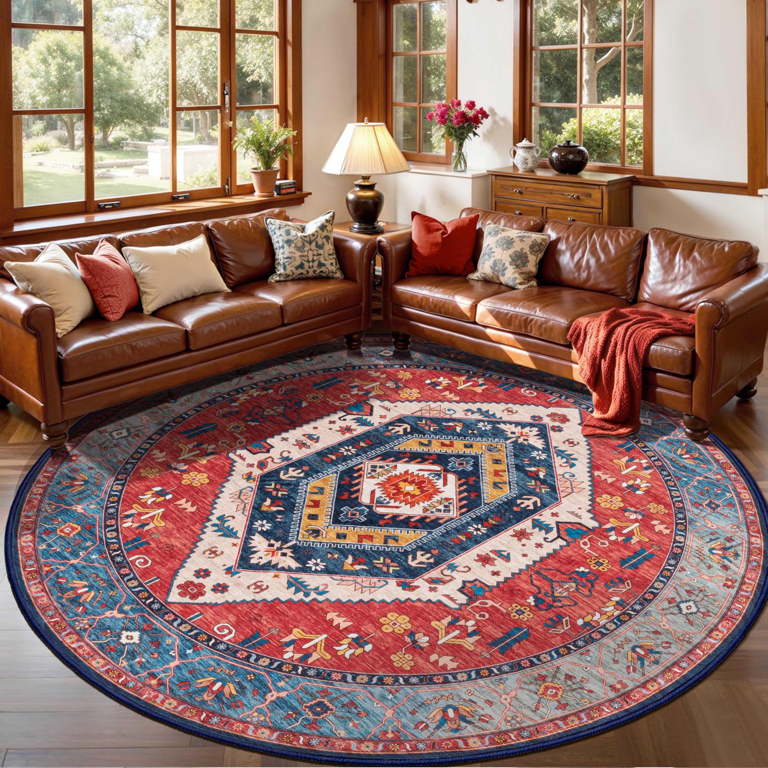 SERISSA Washable Rugs 8x10 Area Rugs, Large Non-Slip Boho Living Room Rust Rug, Ultra Soft Vintage Print Distressed Oriental Tribal Farmhouse Carpet for Dining Room Bedroom Dorm Office Home Decor