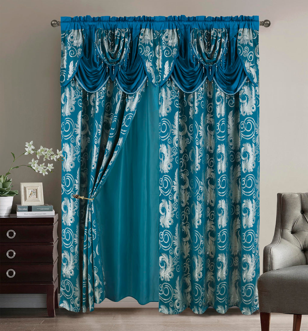 GLORY RUGS Jacquard Luxury Window 2 Panel Set Beige Curtain with Attached Valance and Backing Bedroom Living Room Dining 2 Curtains 55x84 inches Each Jana