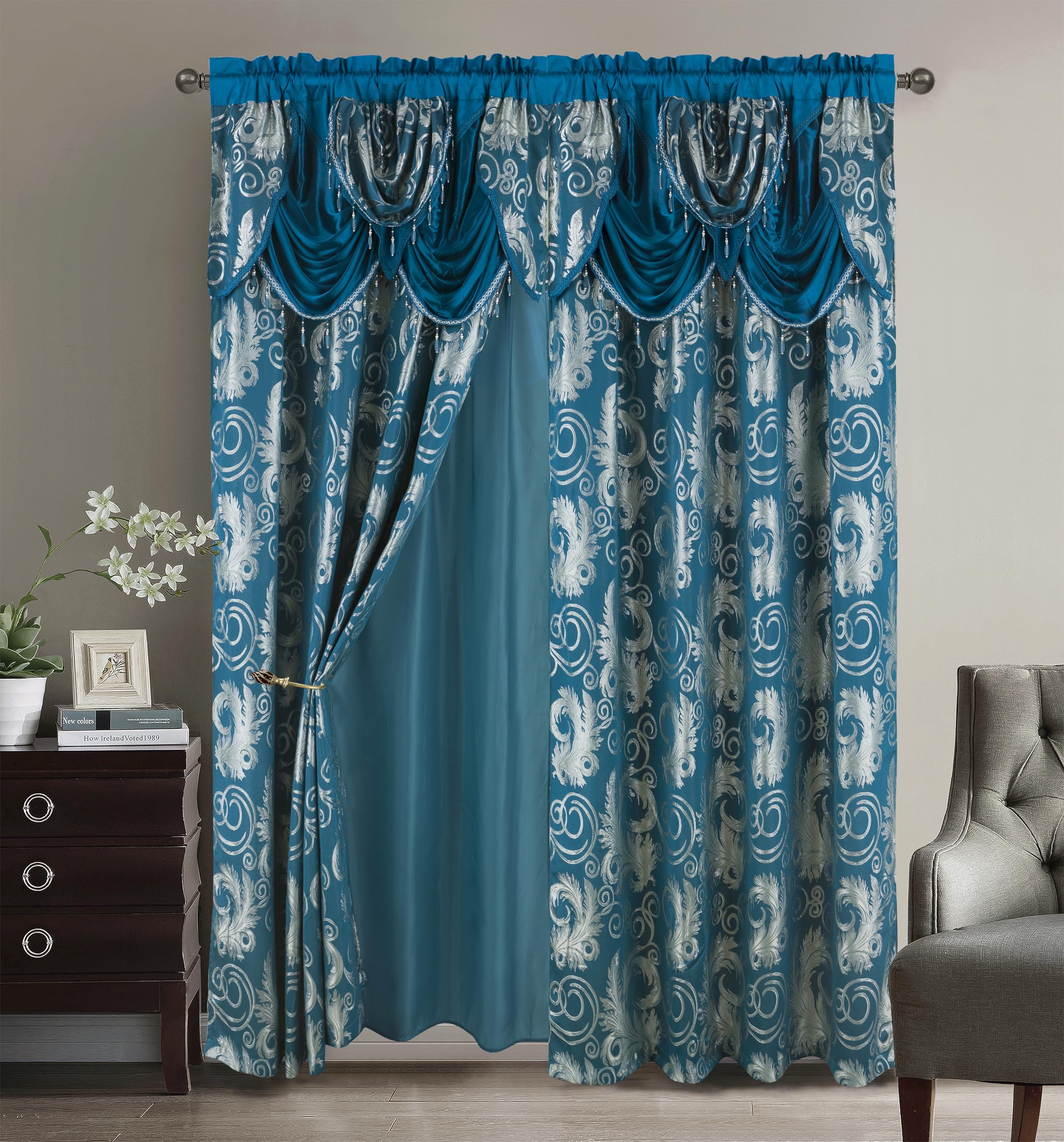 GLORY RUGS Jacquard Luxury Window 2 Panel Set Beige Curtain with Attached Valance and Backing Bedroom Living Room Dining 2 Curtains 55x84 inches Each Jana