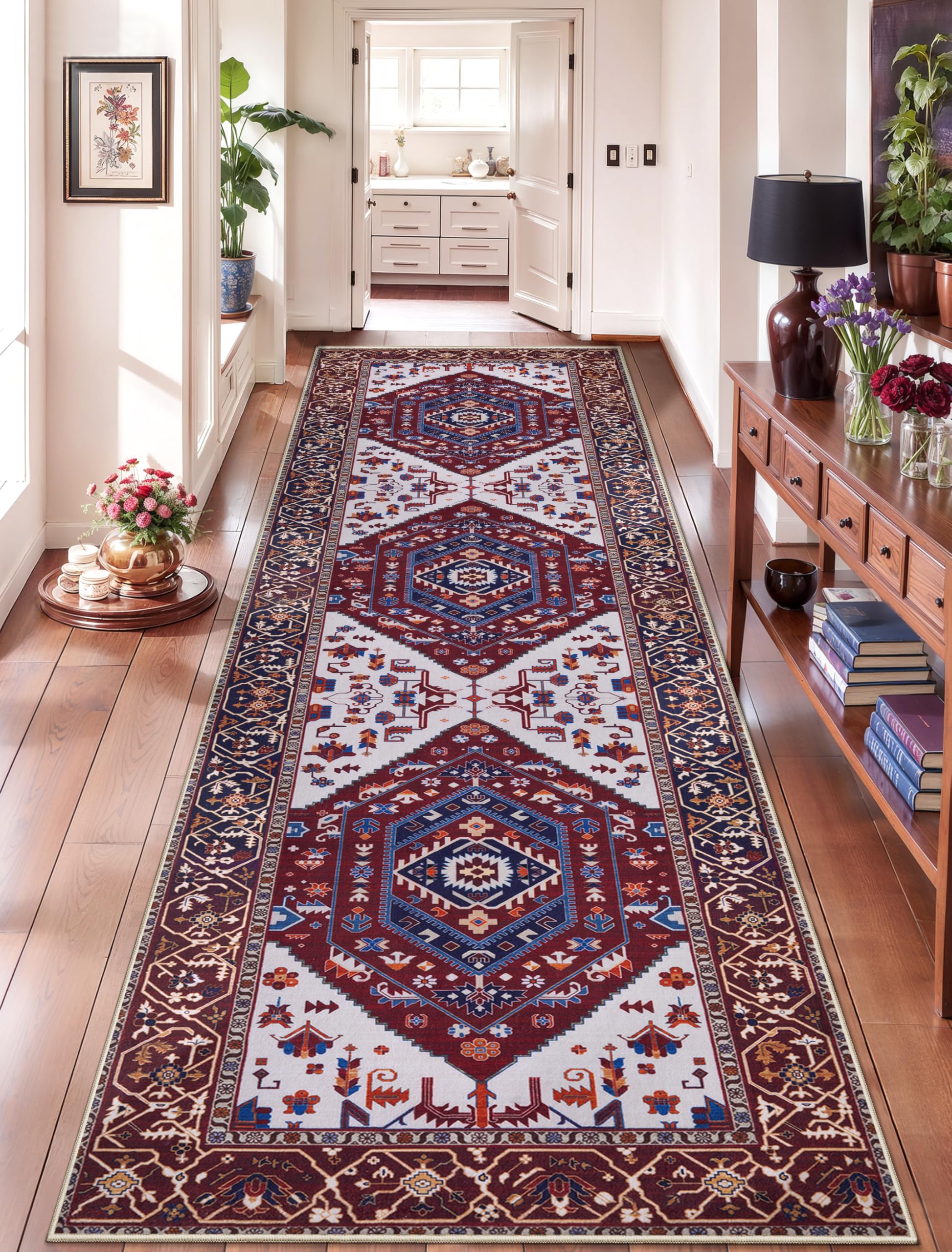 SERISSA Washable Rugs 8x10 Area Rugs, Large Non-Slip Boho Living Room Rust Rug, Ultra Soft Vintage Print Distressed Oriental Tribal Farmhouse Carpet for Dining Room Bedroom Dorm Office Home Decor