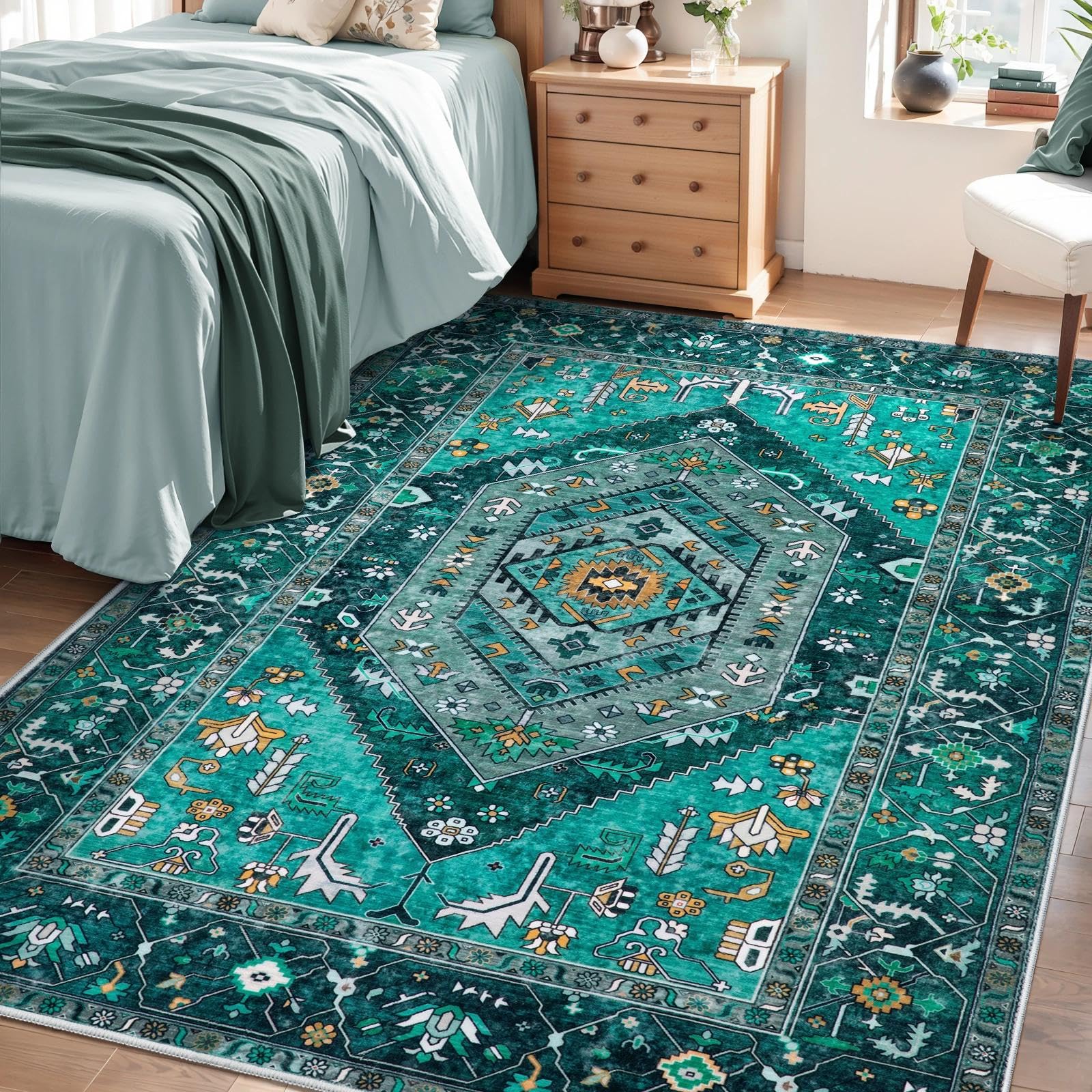SERISSA Washable Rugs 8x10 Area Rugs, Large Non-Slip Boho Living Room Rust Rug, Ultra Soft Vintage Print Distressed Oriental Tribal Farmhouse Carpet for Dining Room Bedroom Dorm Office Home Decor