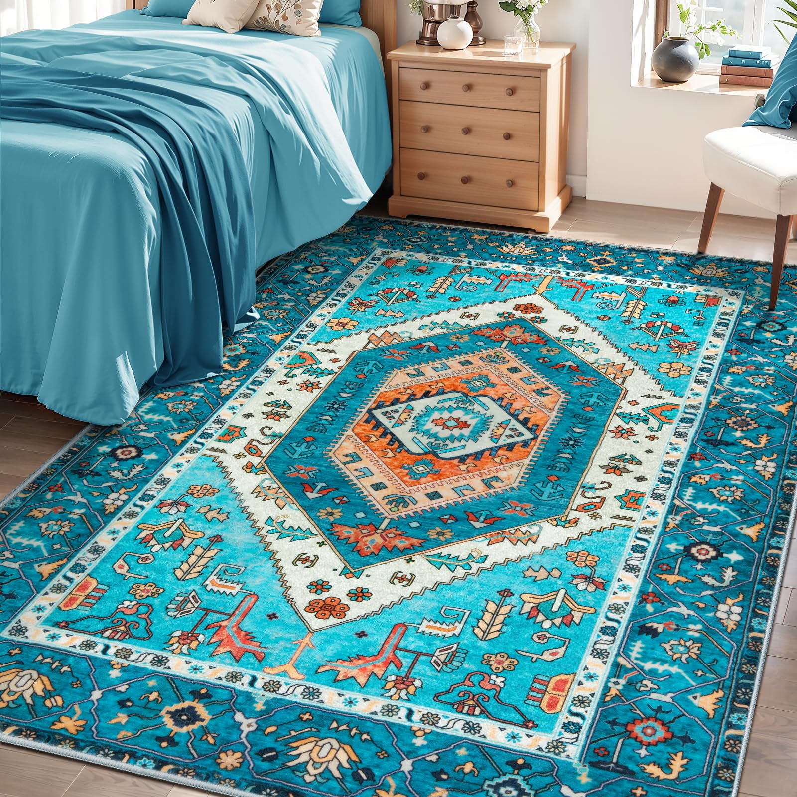 SERISSA Washable Rugs 8x10 Area Rugs, Large Non-Slip Boho Living Room Rust Rug, Ultra Soft Vintage Print Distressed Oriental Tribal Farmhouse Carpet for Dining Room Bedroom Dorm Office Home Decor