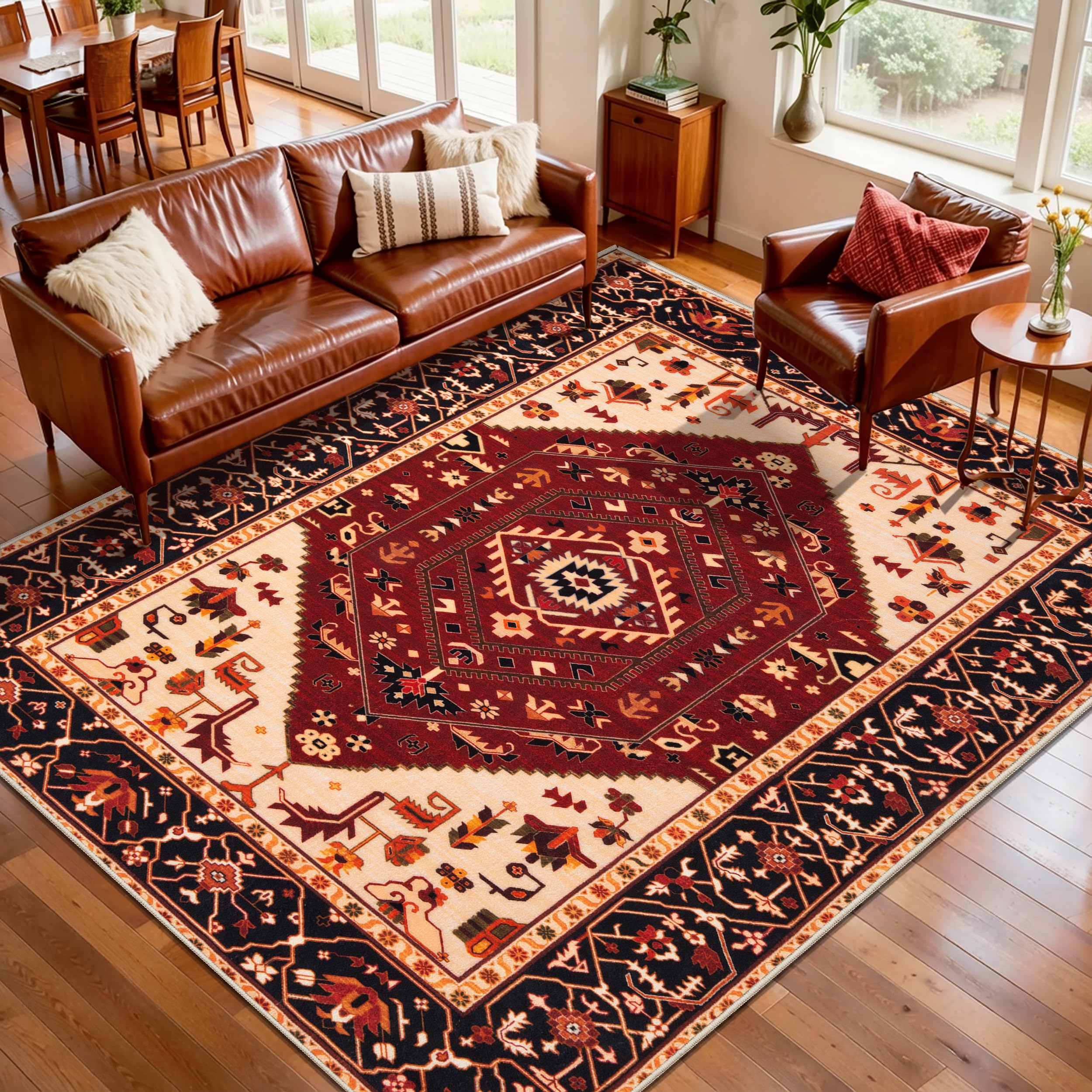 SERISSA Washable Rugs 8x10 Area Rugs, Large Non-Slip Boho Living Room Rust Rug, Ultra Soft Vintage Print Distressed Oriental Tribal Farmhouse Carpet for Dining Room Bedroom Dorm Office Home Decor