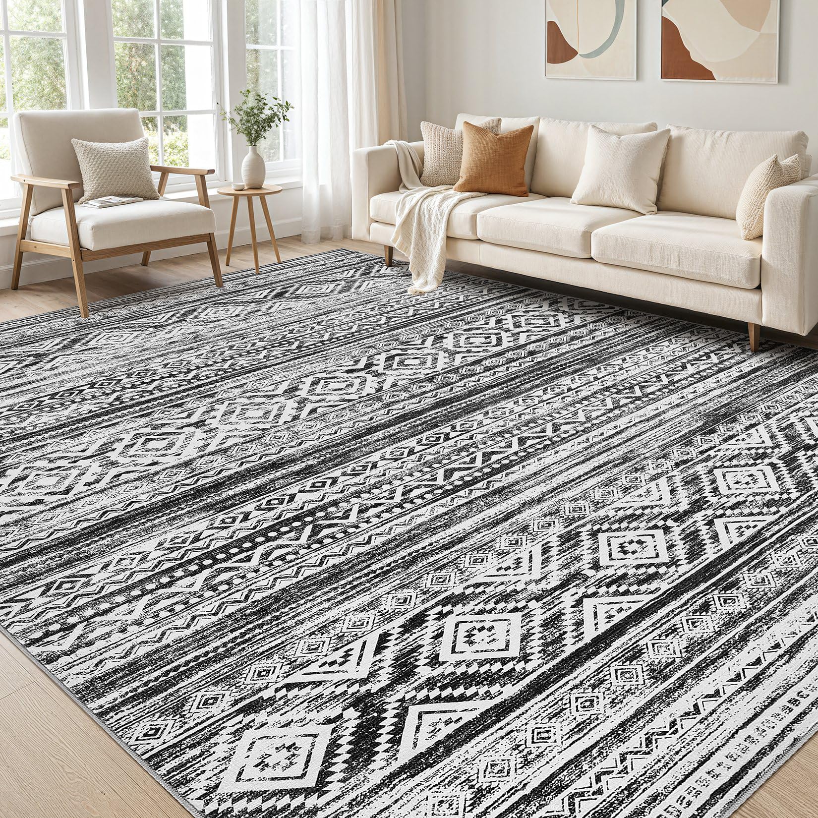 cotiled 5x7 Area Rug Living Room: Washable Boho Rugs with Non Slip Backing Large Soft Indoor Stain Resistant Carpet for Bedroom Farmhouse Dining Room Lightweight Home Decor L Brown/Cream