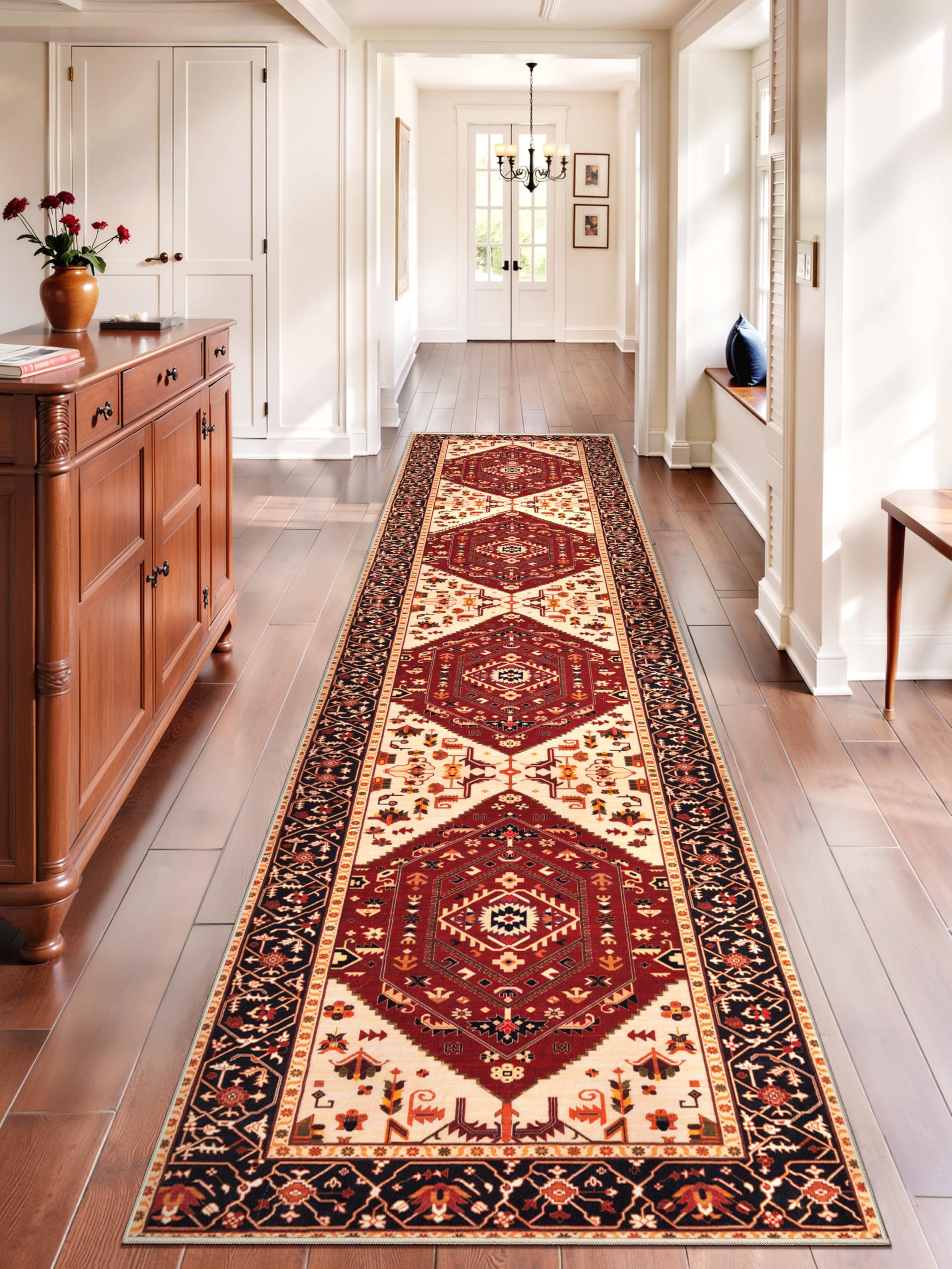 SERISSA Washable Rugs 8x10 Area Rugs, Large Non-Slip Boho Living Room Rust Rug, Ultra Soft Vintage Print Distressed Oriental Tribal Farmhouse Carpet for Dining Room Bedroom Dorm Office Home Decor