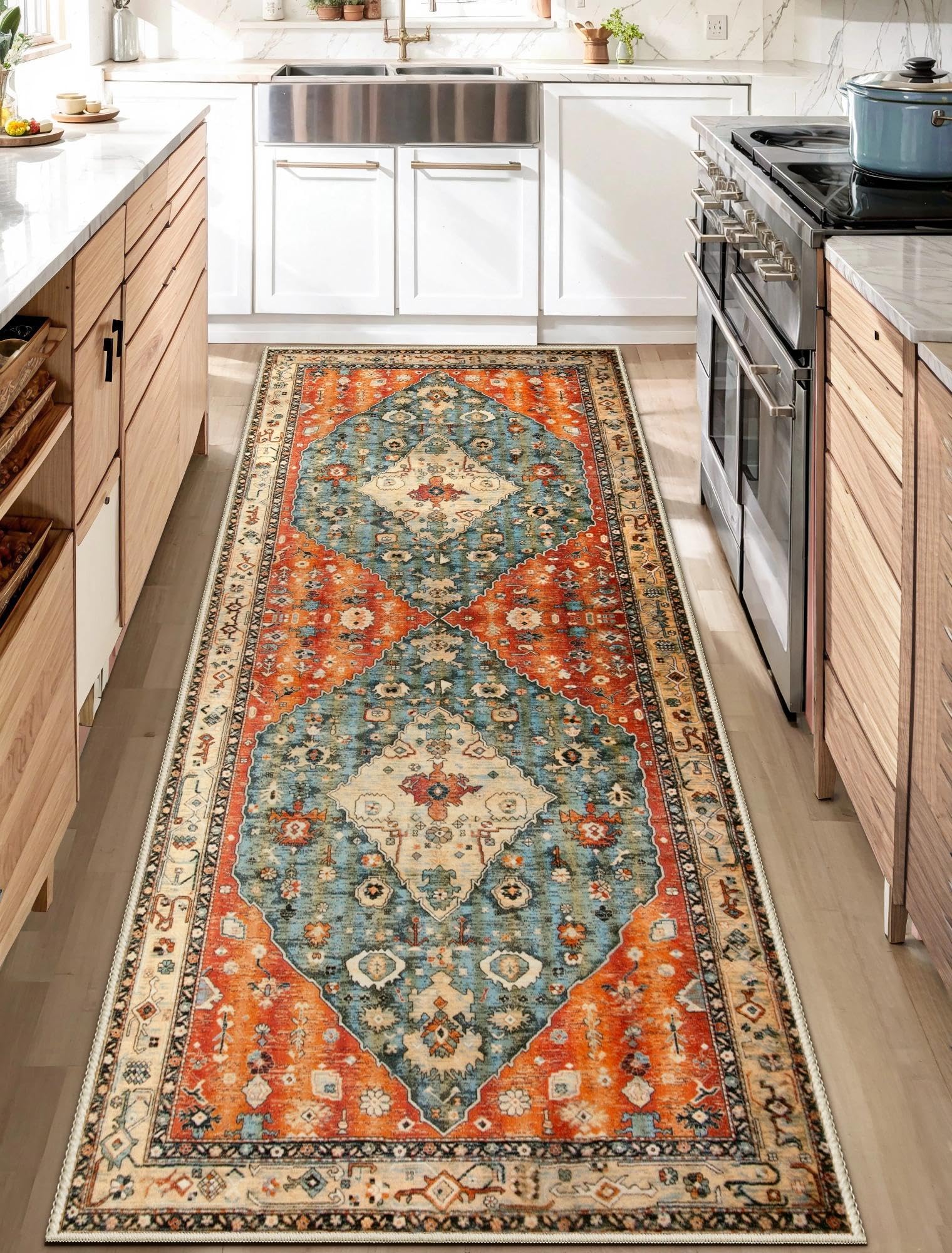 SERISSA Washable Rugs 8x10 Area Rugs, Large Non-Slip Boho Living Room Rust Rug, Ultra Soft Vintage Print Distressed Oriental Tribal Farmhouse Carpet for Dining Room Bedroom Dorm Office Home Decor