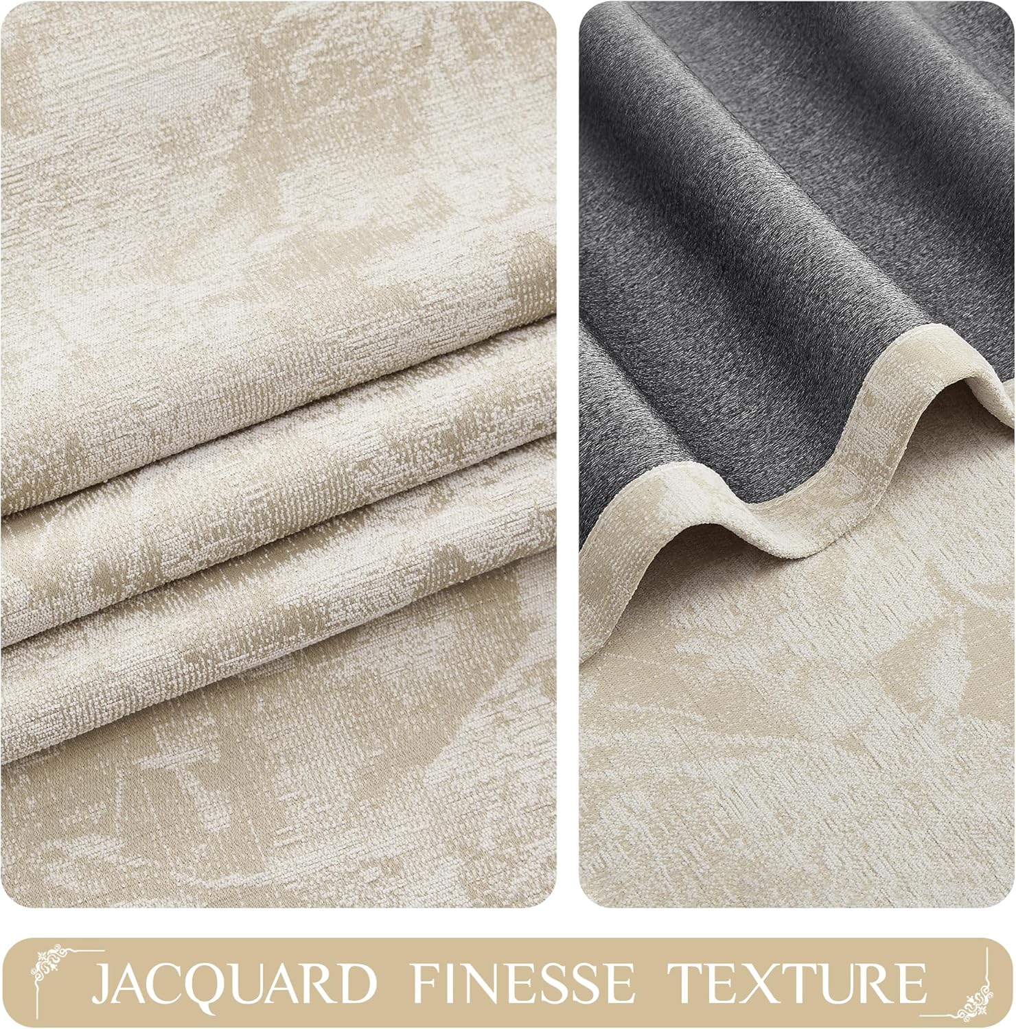 Beauoop Beige Floral Jacquard Blackout Curtains 96 Inches Long 2 Panels for Bedroom Living Room Chenille Flower Room Darkening Thermal Insulated Soundproof Rod Pocket Back Tab Window Drapes, 52x96