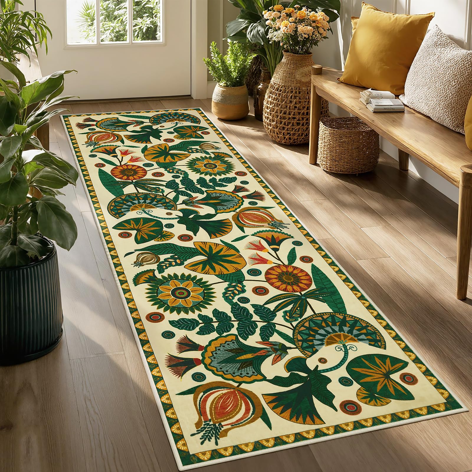 Joydeco Egypt Floral Boho 8x10 Area Rugs for Bedroom Aesthetic, Washable Vintage Living Dining Room Rug Non Slip, Beige Large Indoor Throw Carpet for Playroom Nursery Dorm Classroom