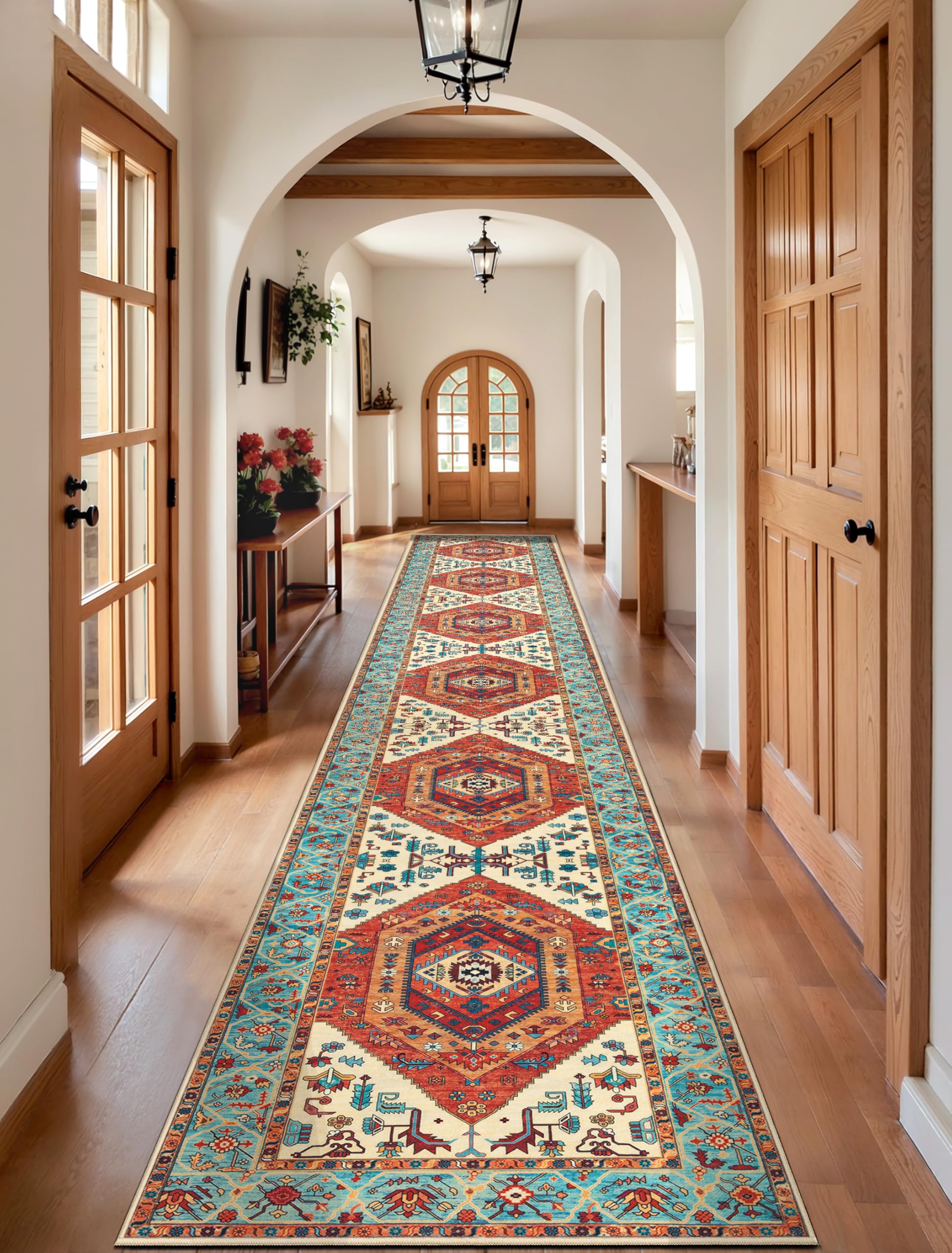 SERISSA Washable Rugs 8x10 Area Rugs, Large Non-Slip Boho Living Room Rust Rug, Ultra Soft Vintage Print Distressed Oriental Tribal Farmhouse Carpet for Dining Room Bedroom Dorm Office Home Decor