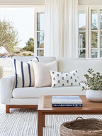 Crumbs Home Coastal Linen Indoor Outdoor Throw Pillow Cover Only, 20"x20" Water Repellent for Patio, Backyard, Couch, Neutral Beige Embroidered Stripes