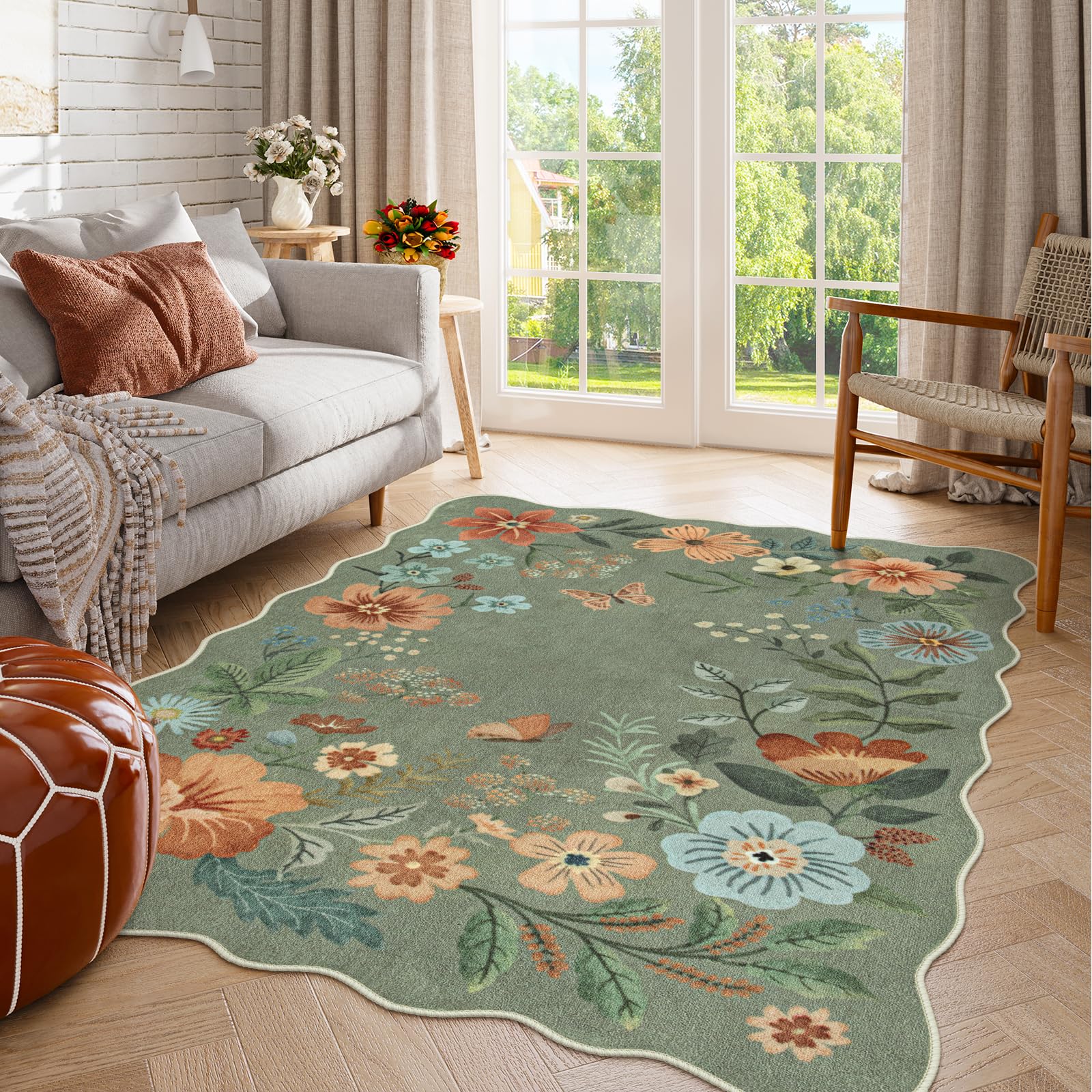 Lahome Floral Living Room Rugs, Area Rugs 5x7 Rug for Bedroom Ultra-Thin Soft Rug, Non-Slip Washable Rugs Stain Resistant Boho Rug Flore Throw Rug for ‎Dining Room Office (5x7ft,Green)