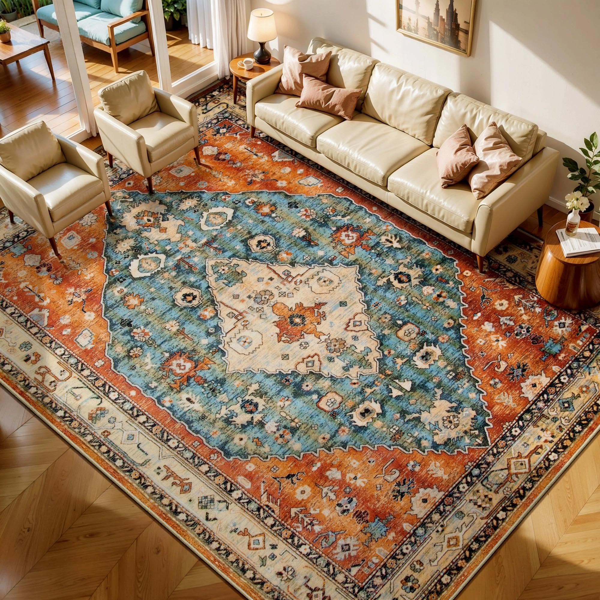 SERISSA Washable Rugs 8x10 Area Rugs, Large Non-Slip Boho Living Room Rust Rug, Ultra Soft Vintage Print Distressed Oriental Tribal Farmhouse Carpet for Dining Room Bedroom Dorm Office Home Decor