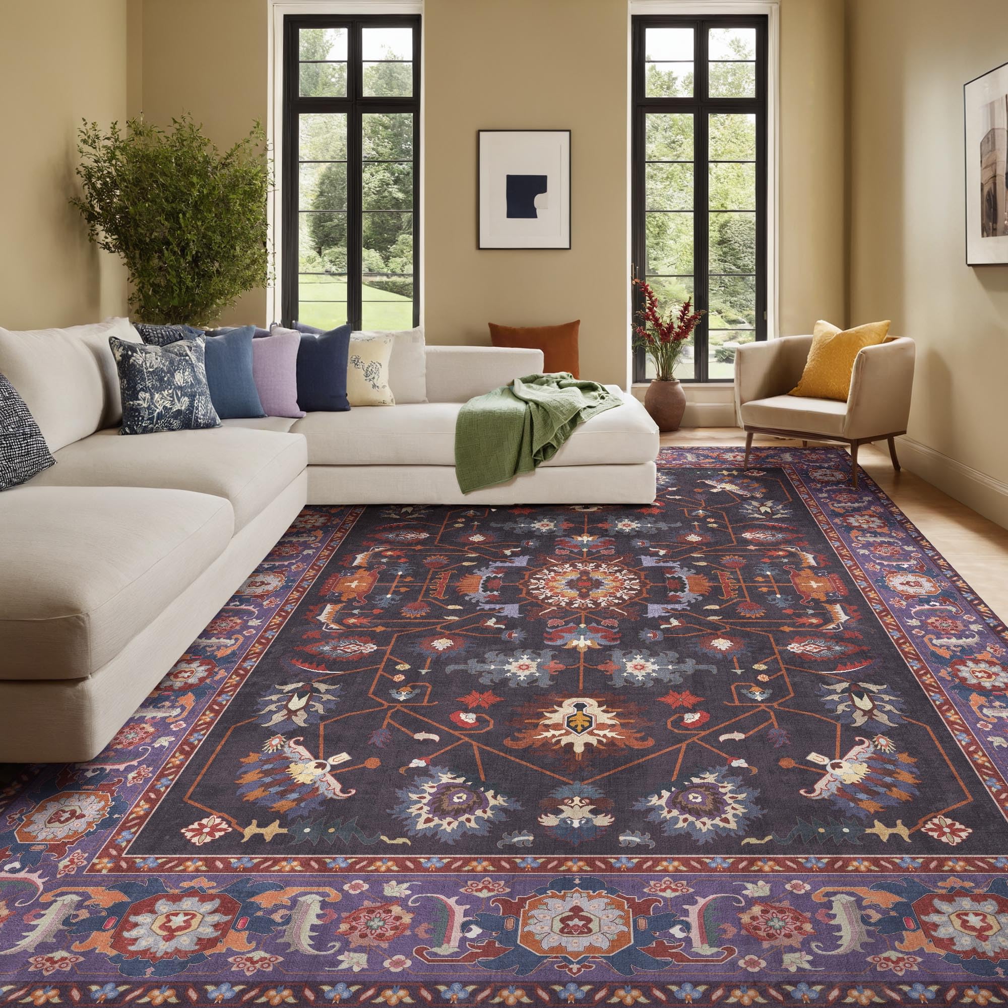 8x10 Area Rugs Living Room Washable Non Slip Low Pile Oushak Vintage Stain Resistant Soft Large Oriental Rugs for Bedroom, Dining Room, Kitchen, Indoor Leisure Rooms, Nova Burgundy Fuchsia Orange Soda