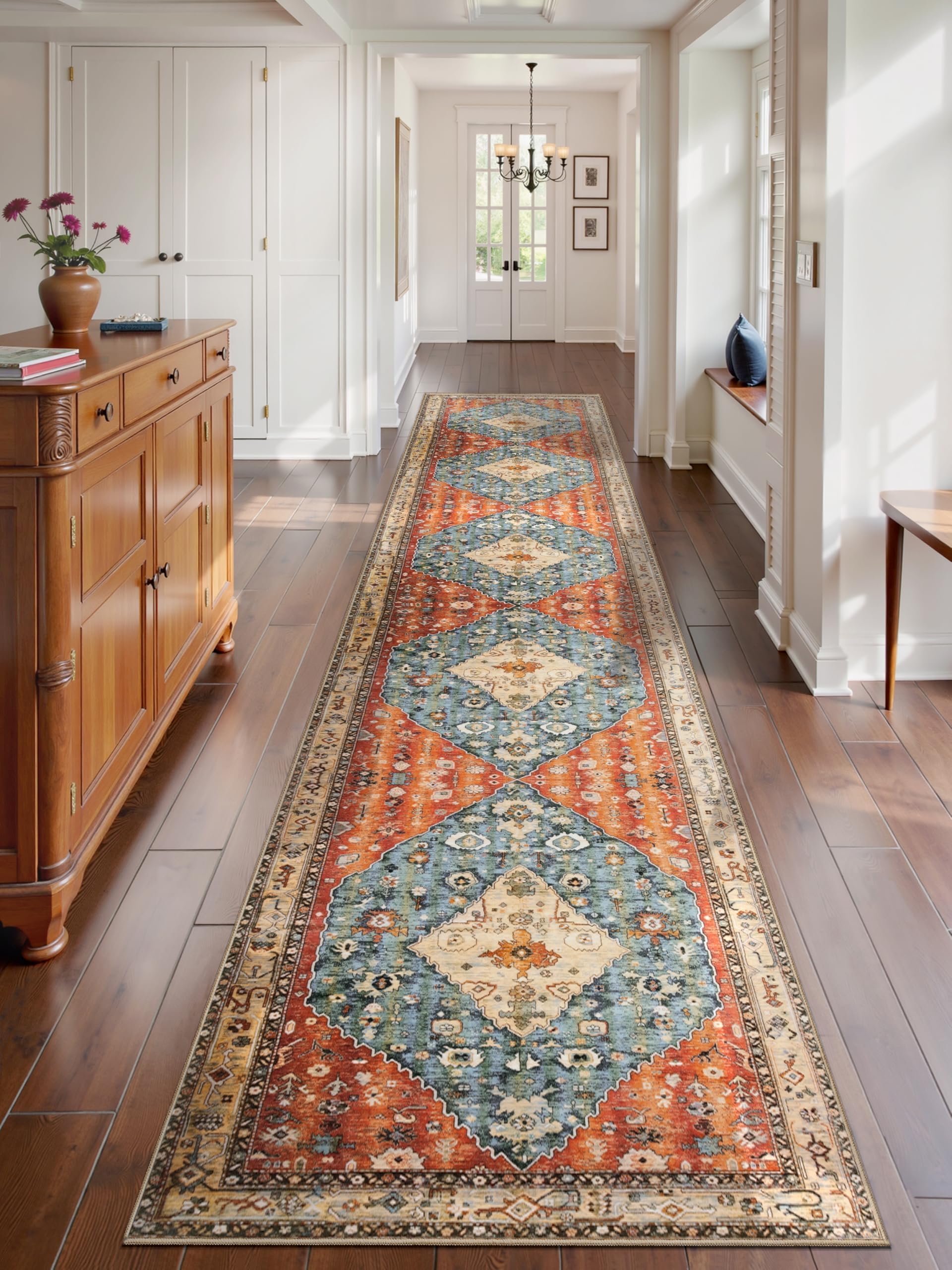SERISSA Washable Rugs 8x10 Area Rugs, Large Non-Slip Boho Living Room Rust Rug, Ultra Soft Vintage Print Distressed Oriental Tribal Farmhouse Carpet for Dining Room Bedroom Dorm Office Home Decor