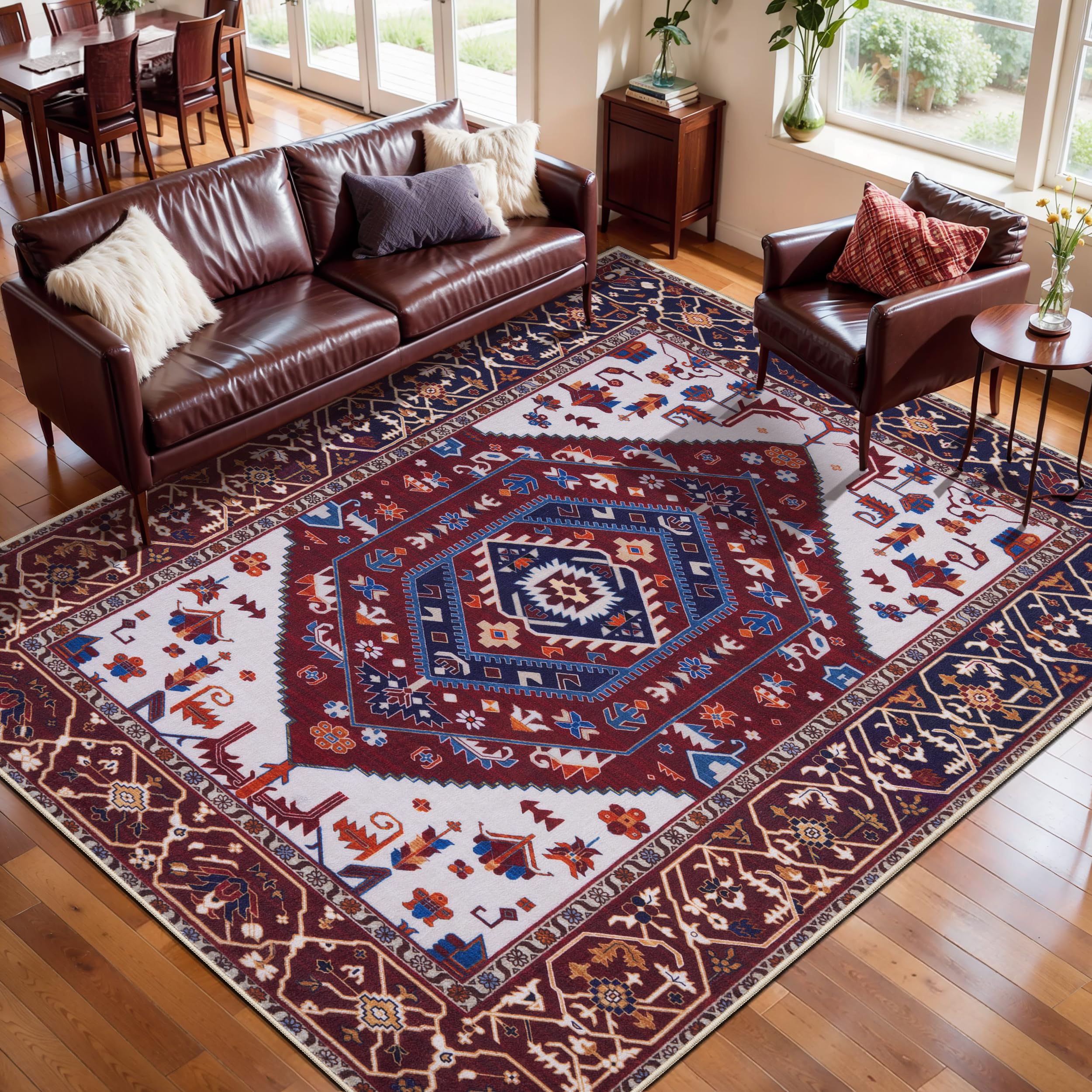 SERISSA Washable Rugs 8x10 Area Rugs, Large Non-Slip Boho Living Room Rust Rug, Ultra Soft Vintage Print Distressed Oriental Tribal Farmhouse Carpet for Dining Room Bedroom Dorm Office Home Decor