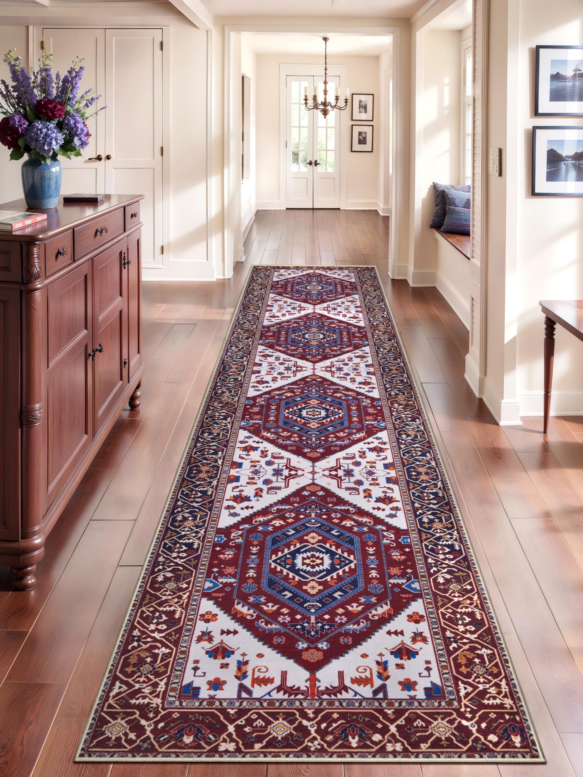 SERISSA Washable Rugs 8x10 Area Rugs, Large Non-Slip Boho Living Room Rust Rug, Ultra Soft Vintage Print Distressed Oriental Tribal Farmhouse Carpet for Dining Room Bedroom Dorm Office Home Decor