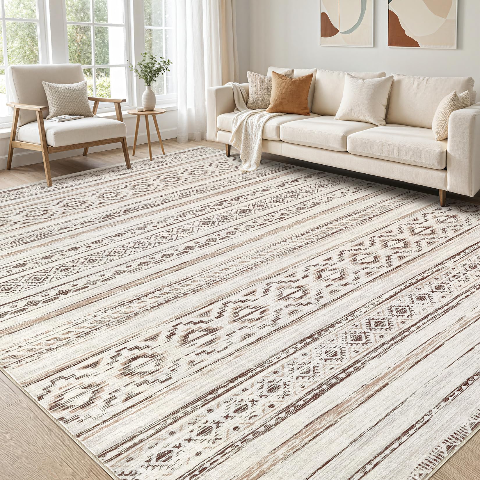 cotiled 5x7 Area Rug Living Room: Washable Boho Rugs with Non Slip Backing Large Soft Indoor Stain Resistant Carpet for Bedroom Farmhouse Dining Room Lightweight Home Decor L Brown/Cream