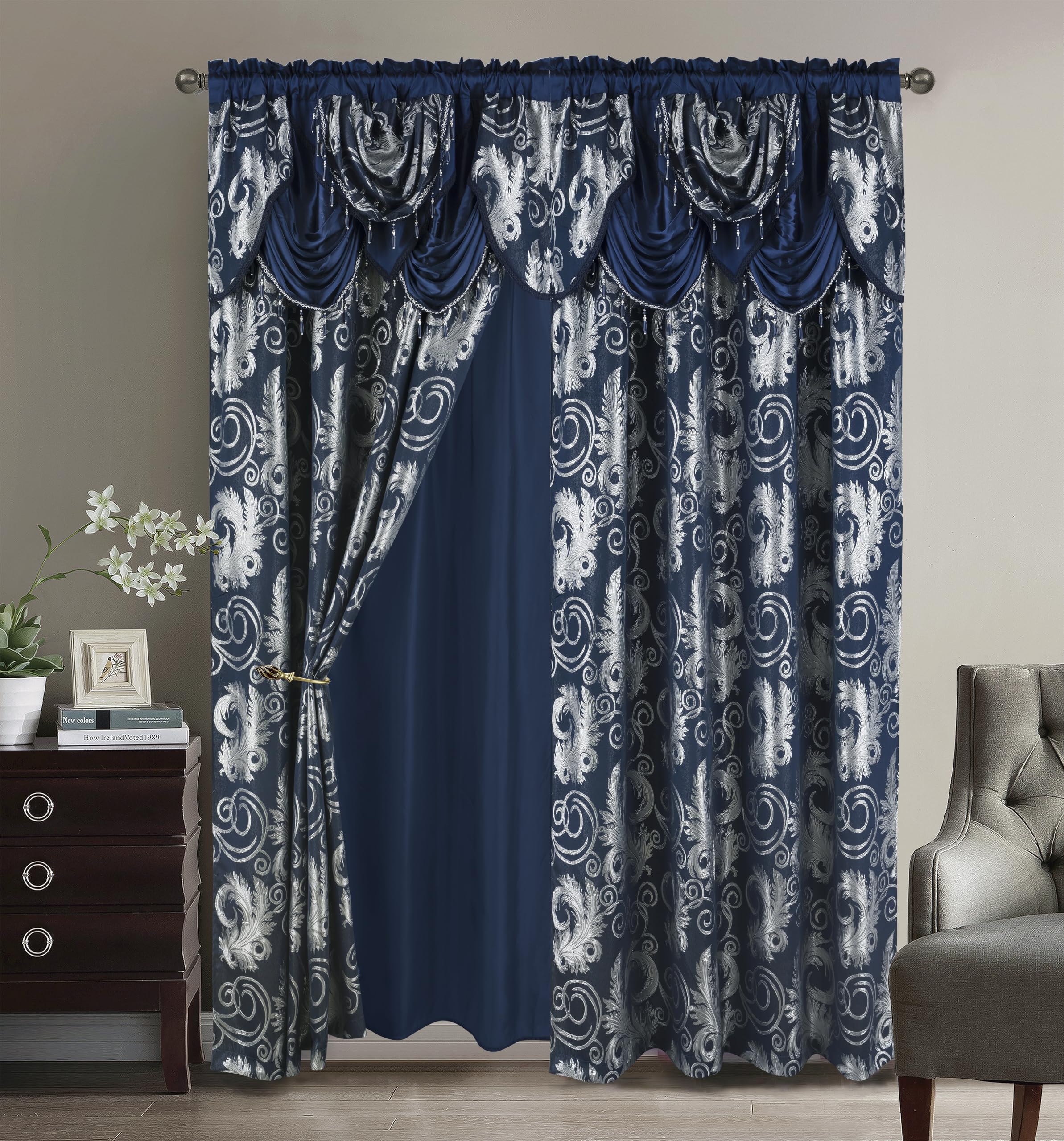 GLORY RUGS Jacquard Luxury Window 2 Panel Set Beige Curtain with Attached Valance and Backing Bedroom Living Room Dining 2 Curtains 55x84 inches Each Jana