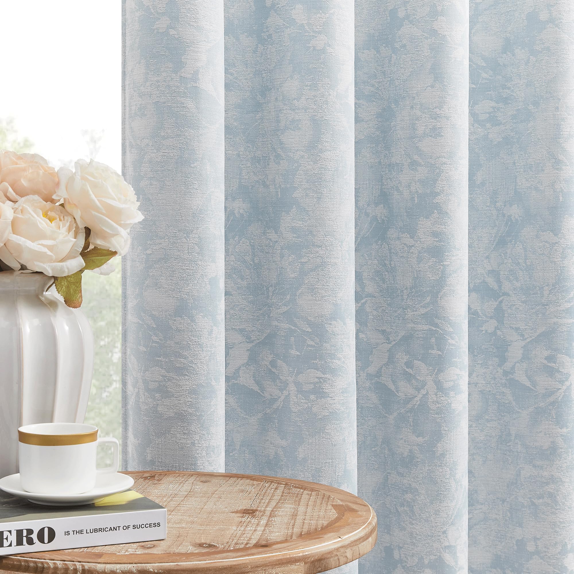 Beauoop Beige Floral Jacquard Blackout Curtains 84 Inches Long 2 Panels for Bedroom Living Room Chenille Flower Room Darkening Thermal Insulated Soundproof Rod Pocket Back Tab Window Drapes, 52x84