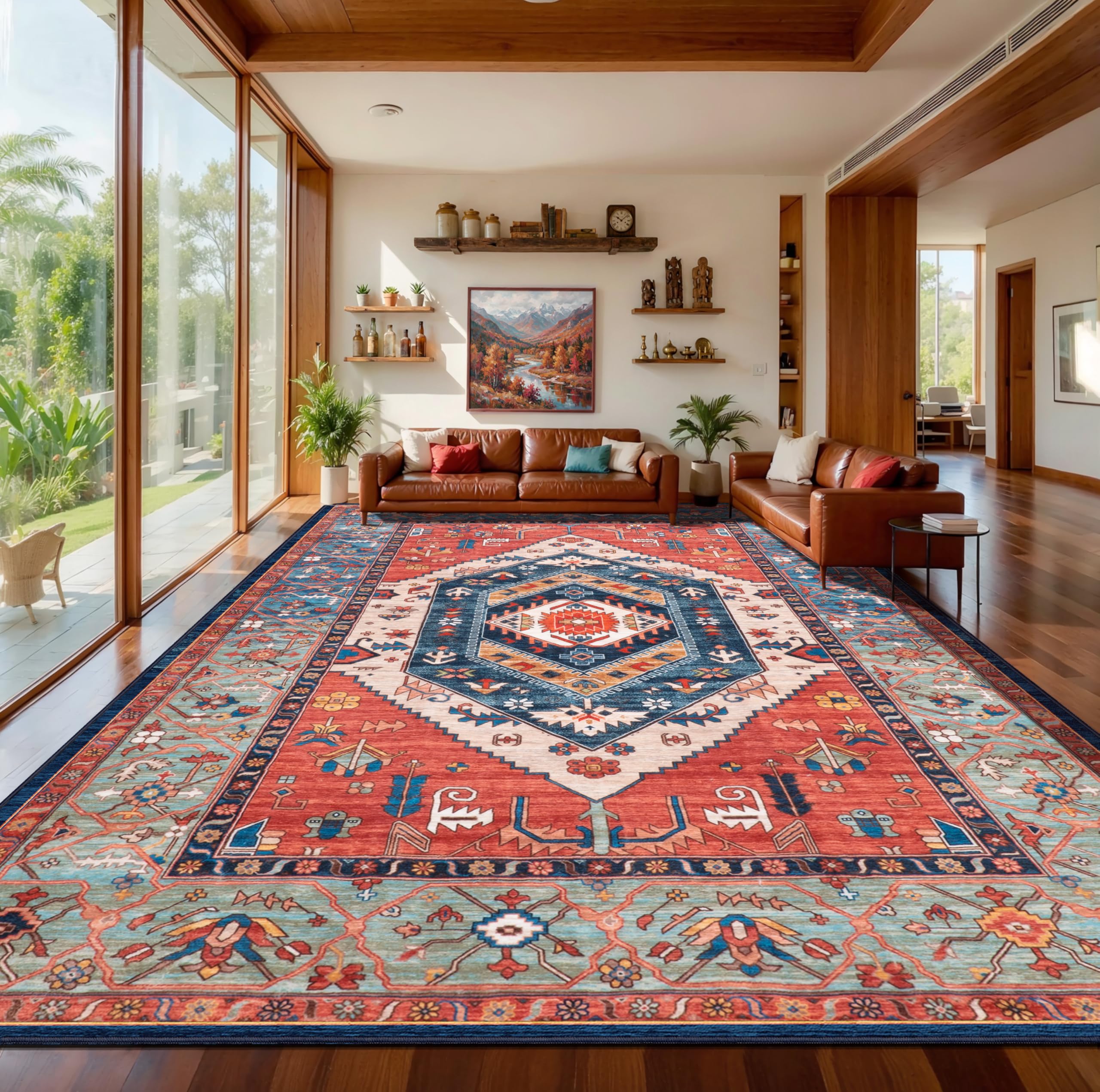 SERISSA Washable Rugs 8x10 Area Rugs, Large Non-Slip Boho Living Room Rust Rug, Ultra Soft Vintage Print Distressed Oriental Tribal Farmhouse Carpet for Dining Room Bedroom Dorm Office Home Decor