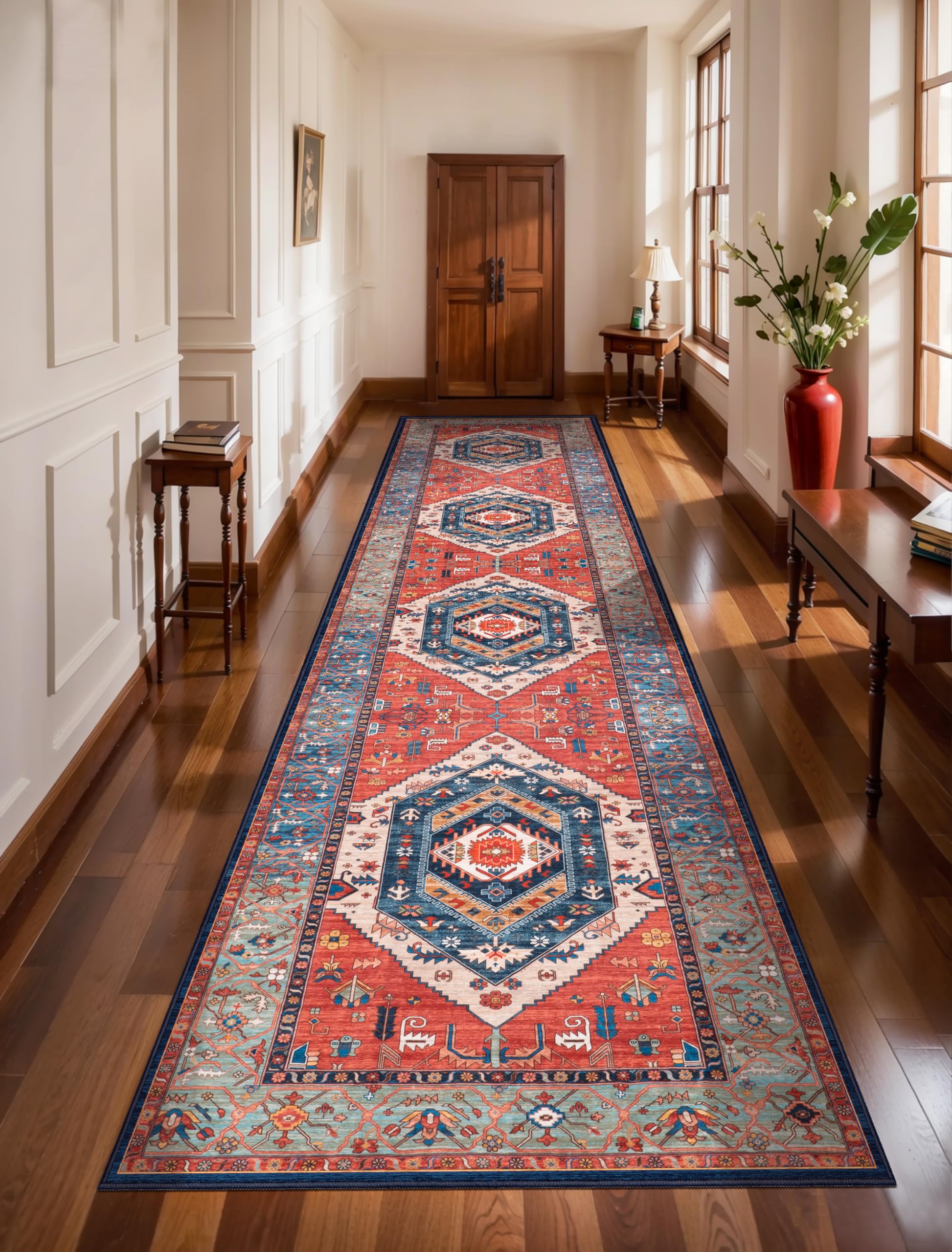 SERISSA Washable Rugs 8x10 Area Rugs, Large Non-Slip Boho Living Room Rust Rug, Ultra Soft Vintage Print Distressed Oriental Tribal Farmhouse Carpet for Dining Room Bedroom Dorm Office Home Decor