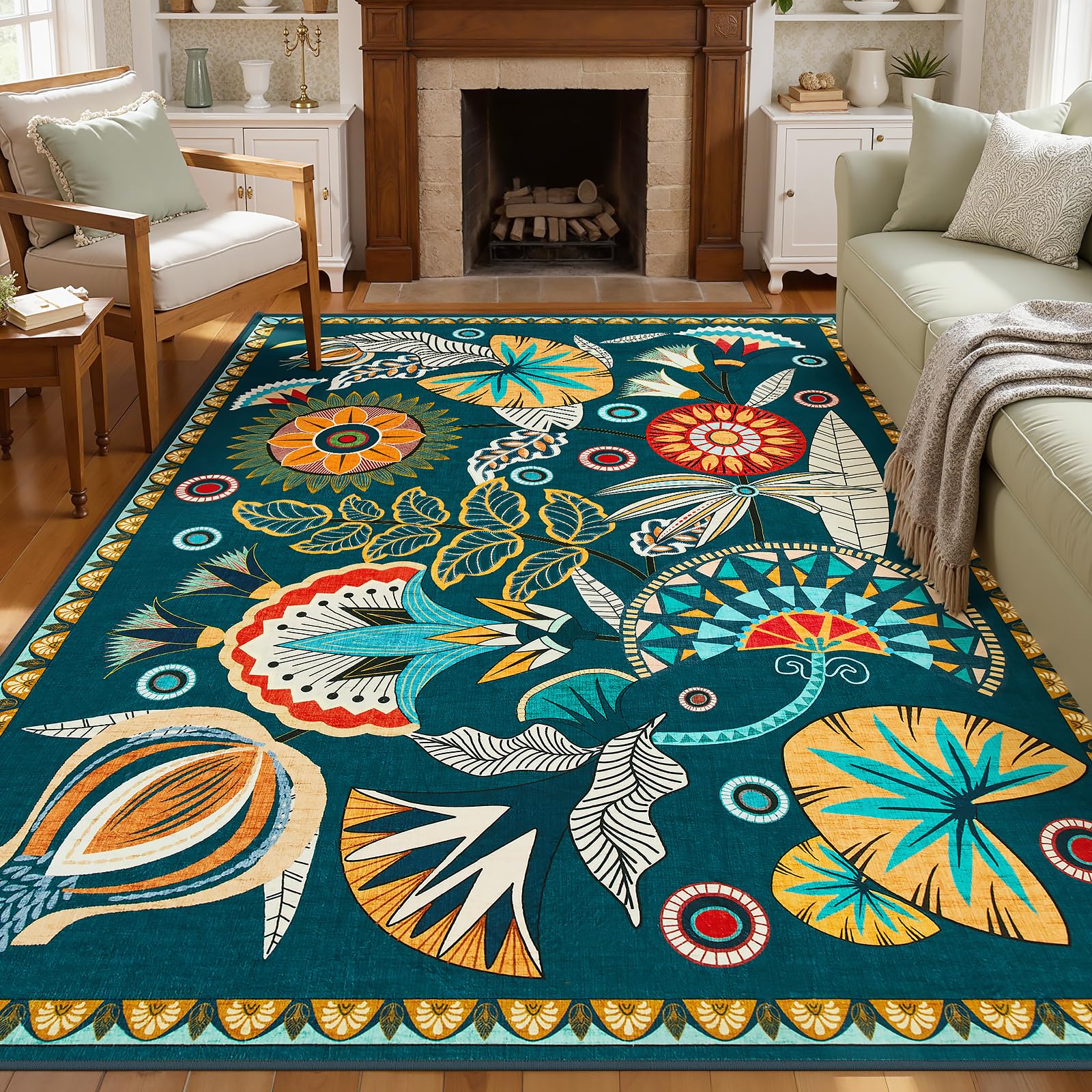Joydeco Egypt Floral Boho 8x10 Area Rugs for Bedroom Aesthetic, Washable Vintage Living Dining Room Rug Non Slip, Beige Large Indoor Throw Carpet for Playroom Nursery Dorm Classroom