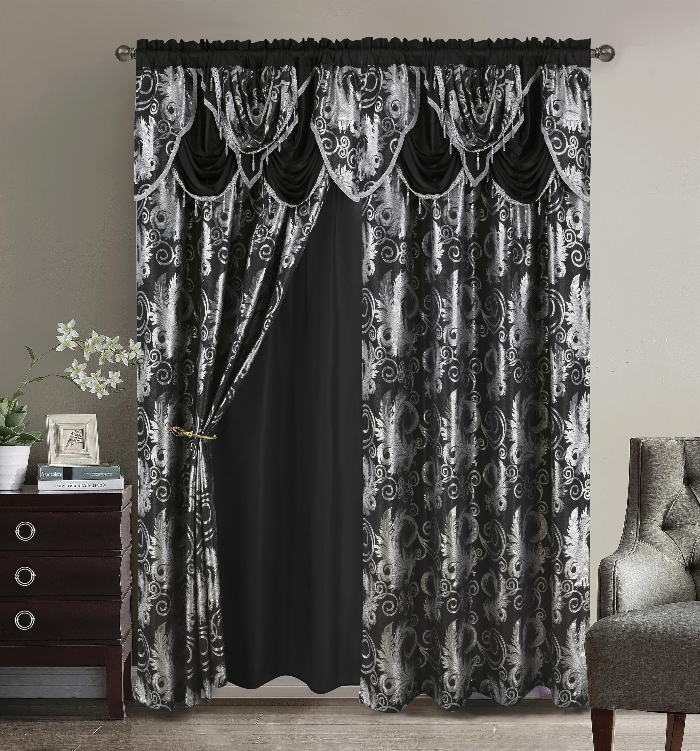 GLORY RUGS Jacquard Luxury Window 2 Panel Set Beige Curtain with Attached Valance and Backing Bedroom Living Room Dining 2 Curtains 55x84 inches Each Jana