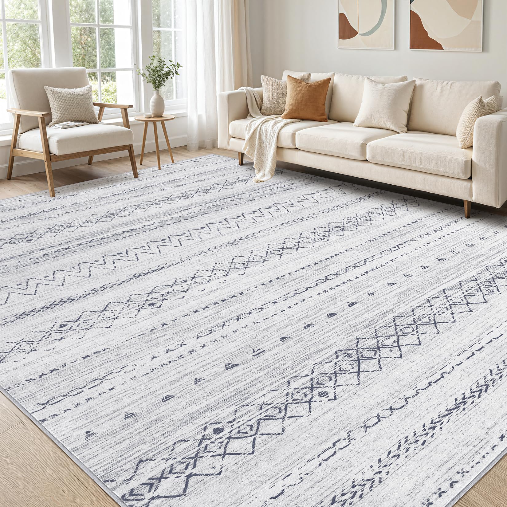 cotiled 5x7 Area Rug Living Room: Washable Boho Rugs with Non Slip Backing Large Soft Indoor Stain Resistant Carpet for Bedroom Farmhouse Dining Room Lightweight Home Decor L Brown/Cream