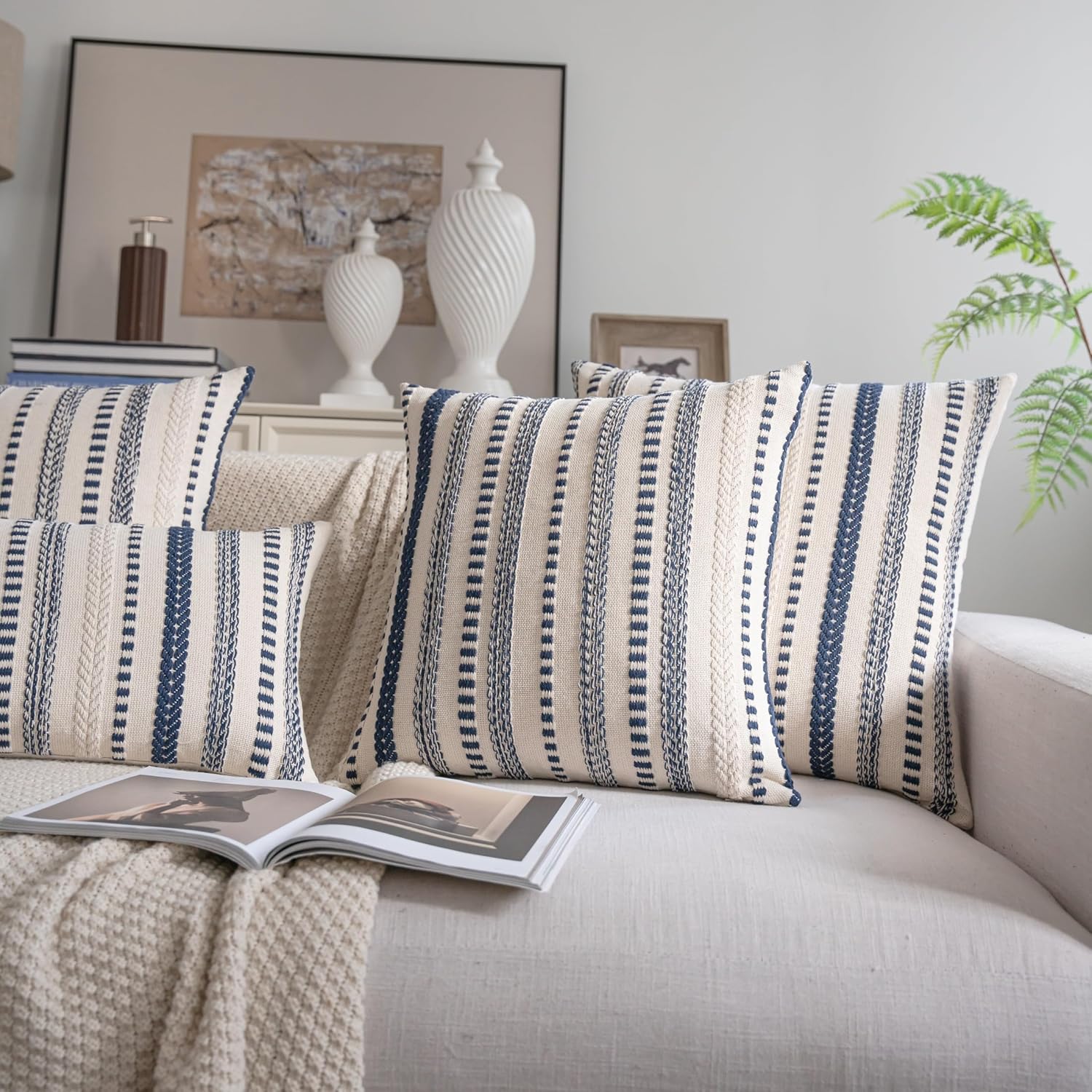 Cethom Navy Blue Boho Throw Pillow Covers 20x20 Inch Set of 2, Stripe Textured Decorative Couch Pillow Cases for Bed, Sofa, Living Room, Bedroom, Farmhouse Home Accent Cushion Covers