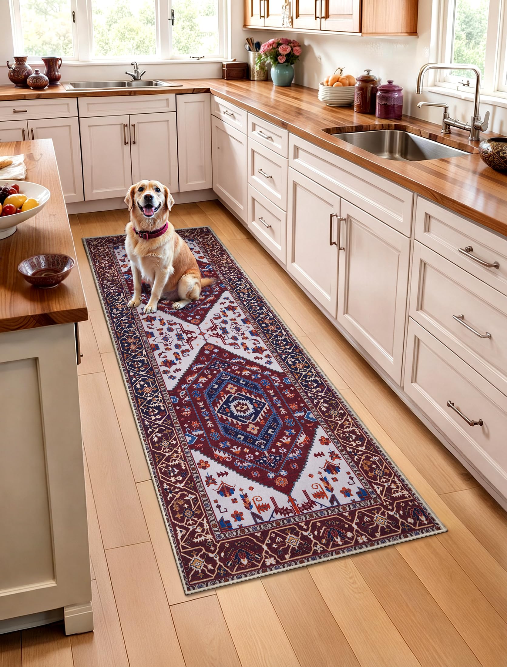 SERISSA Washable Rugs 8x10 Area Rugs, Large Non-Slip Boho Living Room Rust Rug, Ultra Soft Vintage Print Distressed Oriental Tribal Farmhouse Carpet for Dining Room Bedroom Dorm Office Home Decor