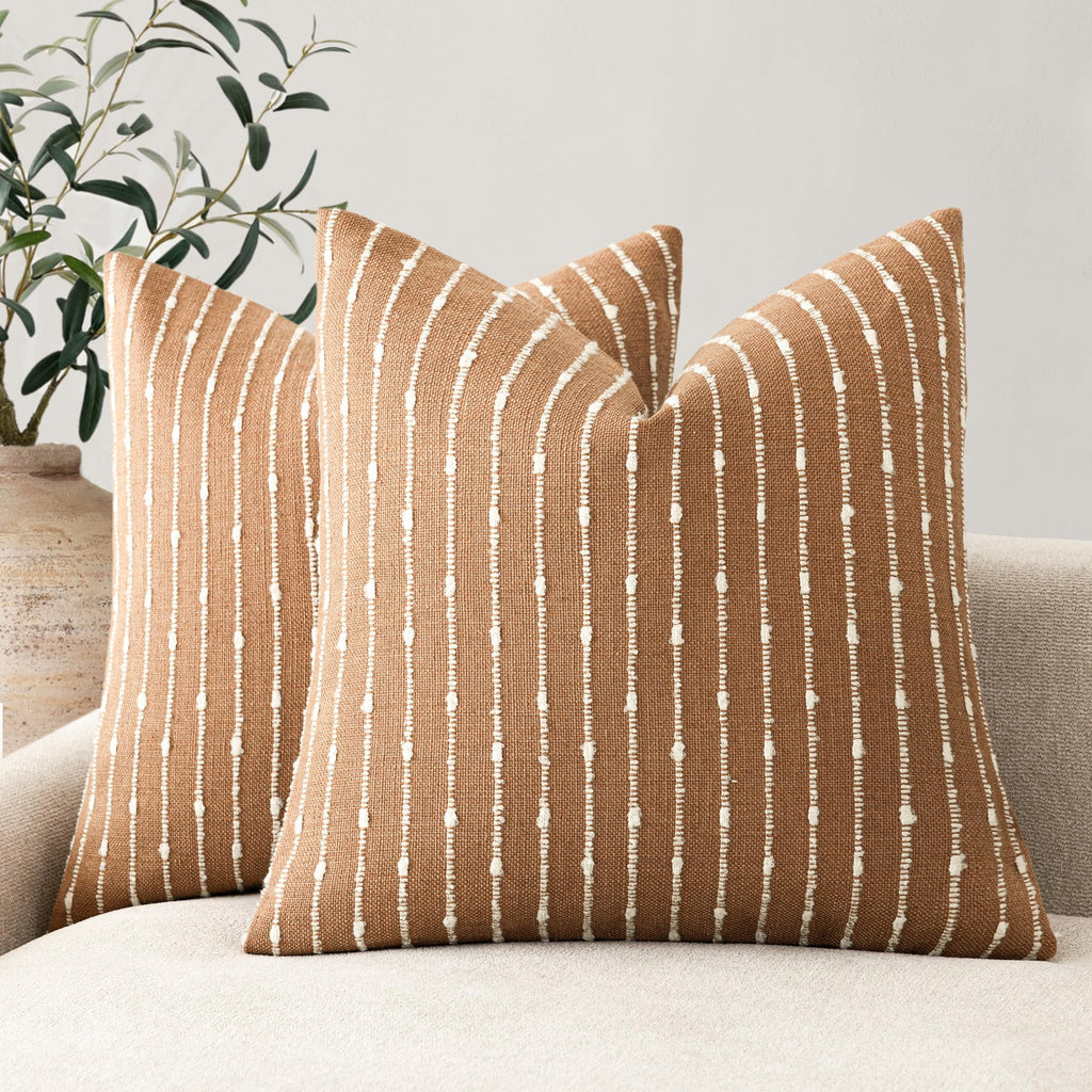 Foindtower Pack of 2 Decorative Jacquard Boucle Throw Pillow Covers Accent Textured Striped Pillowcases Soft Boho Modern Cushion for Couch Sofa Bedroom Living Room Home Decor 20x20 Inch Natural Beige