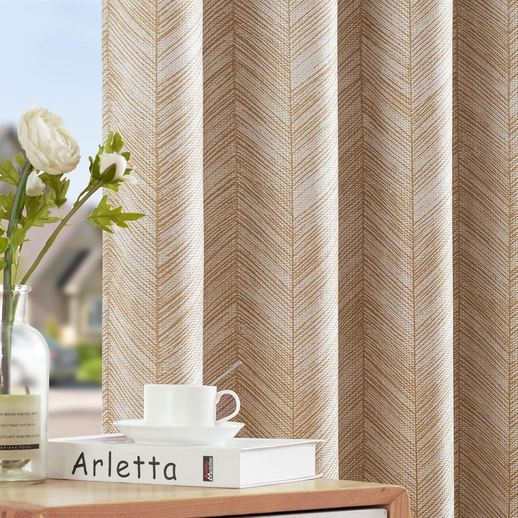 jinchan Taupe Printed Curtains Modern Jacquard Curtains with Herringbone Geometric Zigzag Pattern Room Darkening Drapes for Living Room Bedroom Grommet Top Window Treatments 63 Inch Length 2 Panels