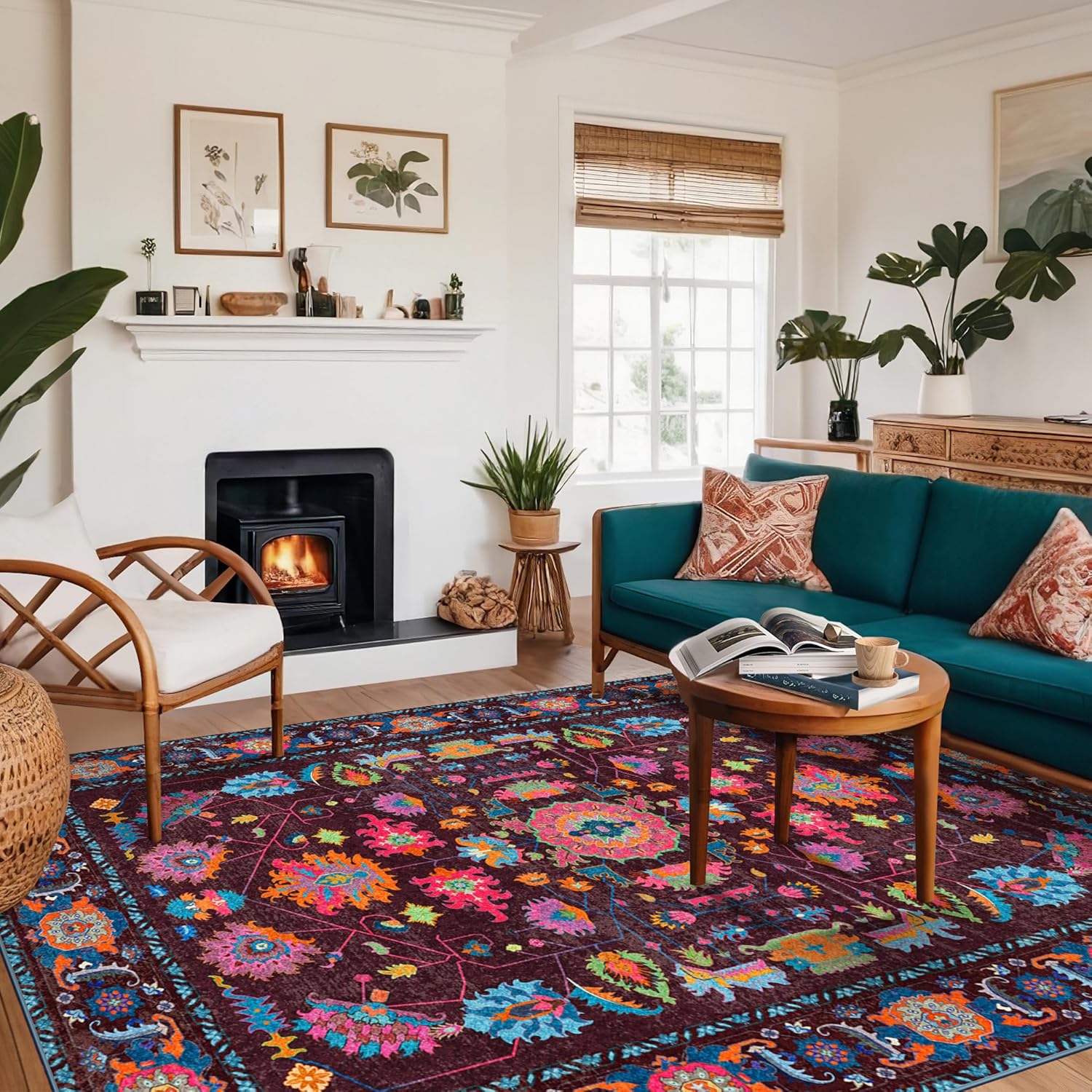 8x10 Area Rugs Living Room Washable Non Slip Low Pile Oushak Vintage Stain Resistant Soft Large Oriental Rugs for Bedroom, Dining Room, Kitchen, Indoor Leisure Rooms, Nova Burgundy Fuchsia Orange Soda
